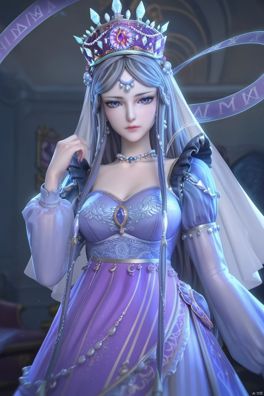 score_9,score_8_up,score_7_up,1girl,solo,long hair,grey hair,indoors,jewelry,crown,looking at viewer,long sleeves,dress,necklace,veil,streamers