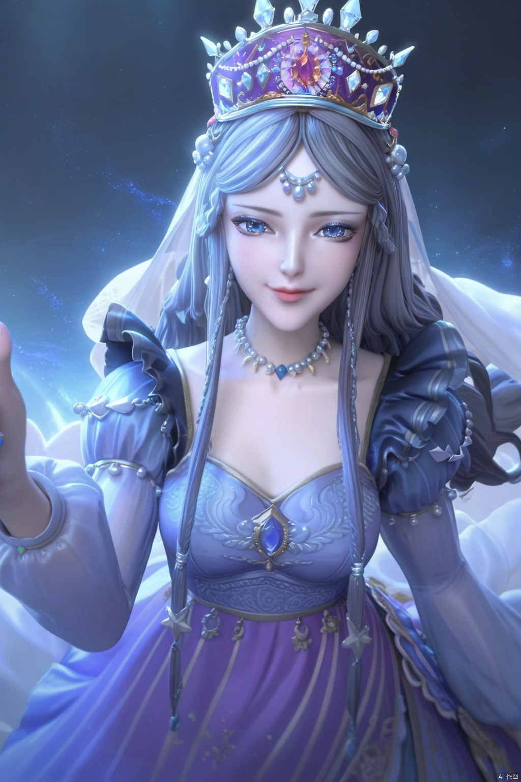 score_9,score_8_up,score_7_up,1girl,solo,long hair,looking at viewer,blue eyes,grey hair,jewelry,long sleeves,dress,necklace,blue dress,crown,（flower）,pov,laughing