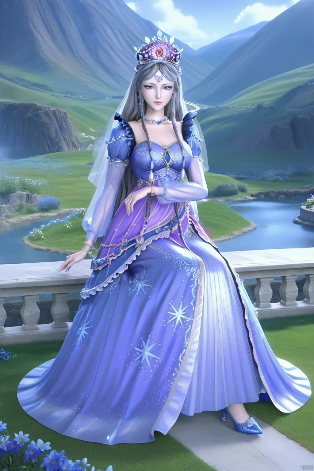 masterpiece, best quality, masterpiece,best quality,official art,extremely detailed CG unity 8k wallpaper,1girl,solo,long hair,looking at viewer,blue eyes,grey hair,jewelry,long sleeves,dress,necklace,blue dress,crown,high heels,blue heels,blue footwear,outdoors,（flower）,sitting,violetgrass