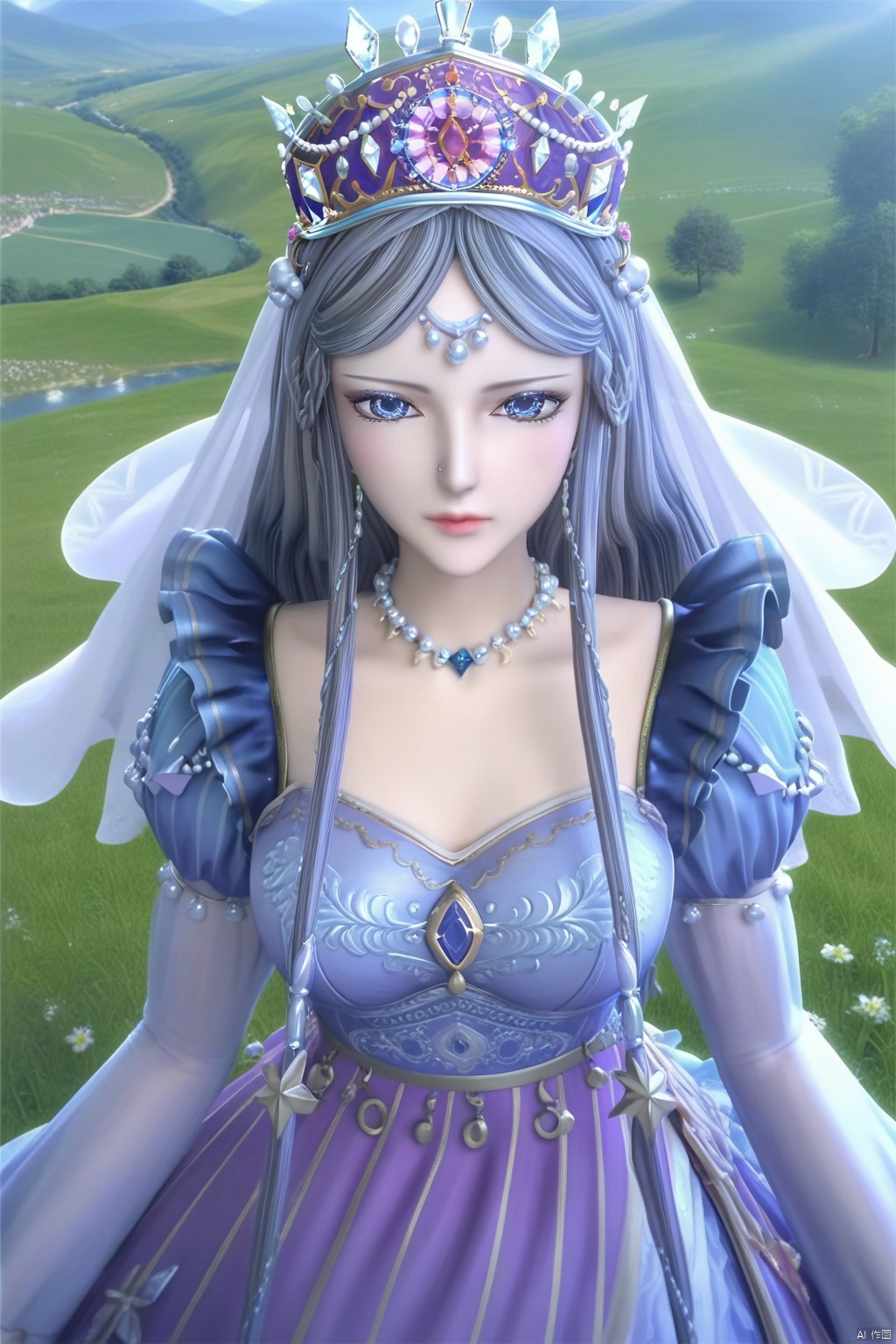 masterpiece, best quality, masterpiece,best quality,official art,extremely detailed CG unity 8k wallpaper,1girl,solo,long hair,looking at viewer,blue eyes,grey hair,jewelry,long sleeves,dress,necklace,blue dress,crown,（flower）,pov,violetgrass
