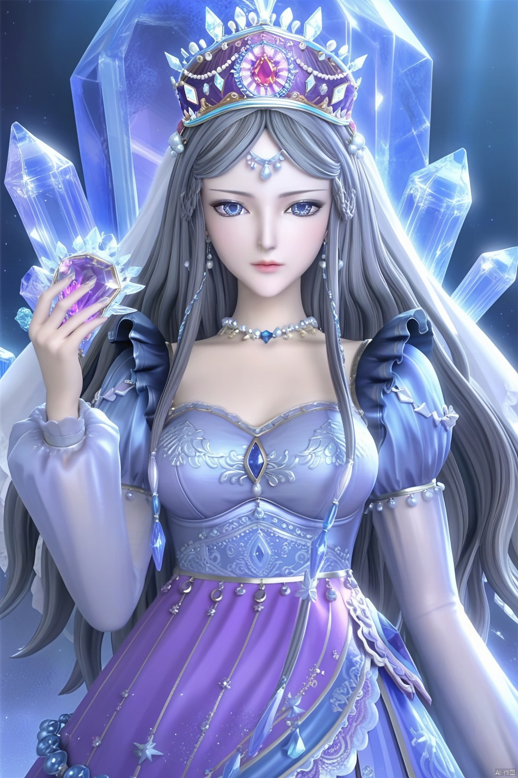 masterpiece, best quality, masterpiece,best quality,official art,extremely detailed CG unity 8k wallpaper,1girl,solo,long hair,looking at viewer,blue eyes,grey hair,jewelry,long sleeves,dress,necklace,blue dress,crown,crystal,gem