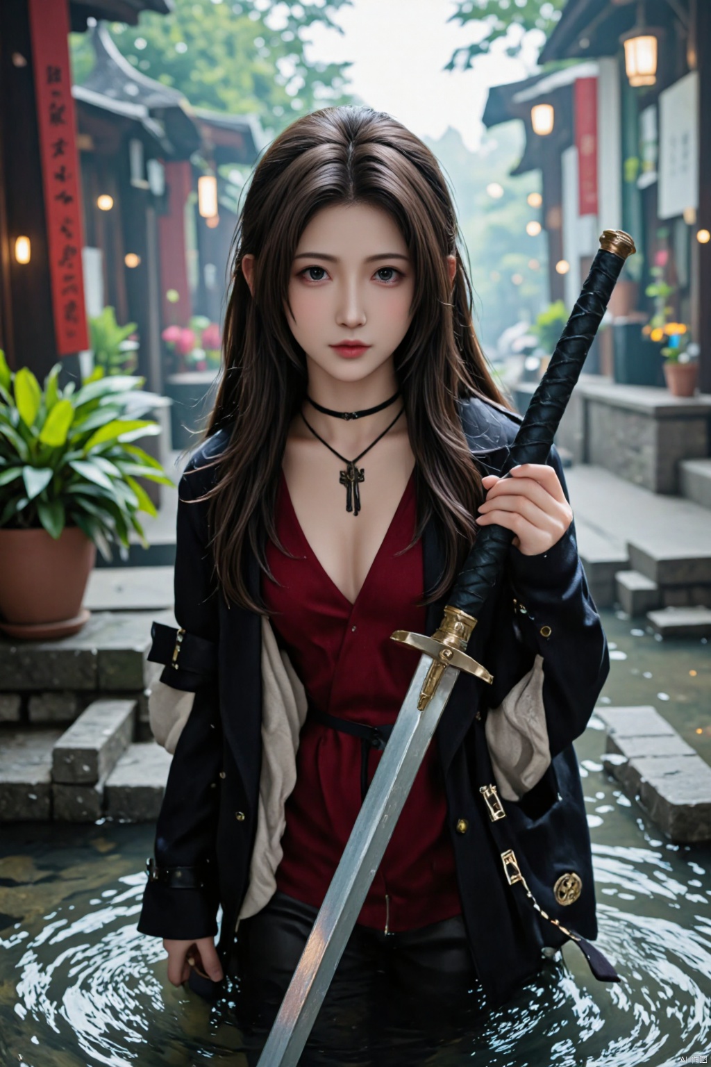 A beautiful Chinese-style girl with long black hair, her eyes are determined, and she holds a long sword in her hand, like a night elf, slowly walking from the water,Aerith Gainsborough,