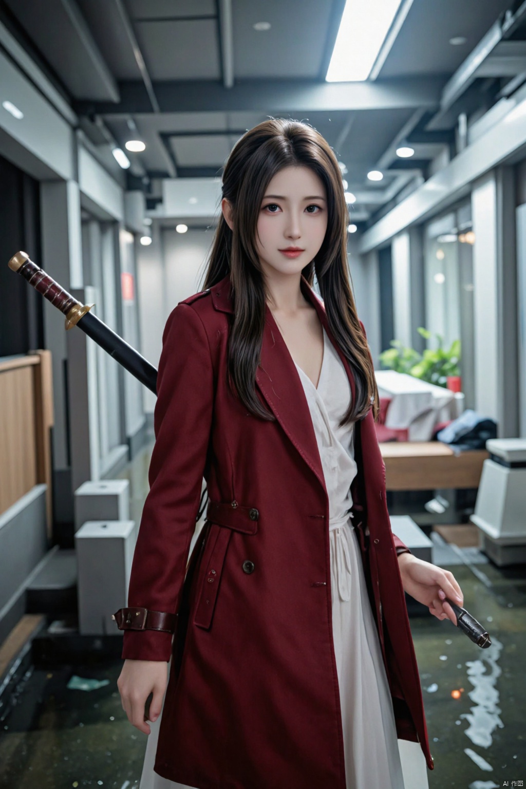 A beautiful Chinese-style girl with long black hair, her eyes are determined, and she holds a long sword in her hand, like a night elf, slowly walking from the water,Aerith Gainsborough,