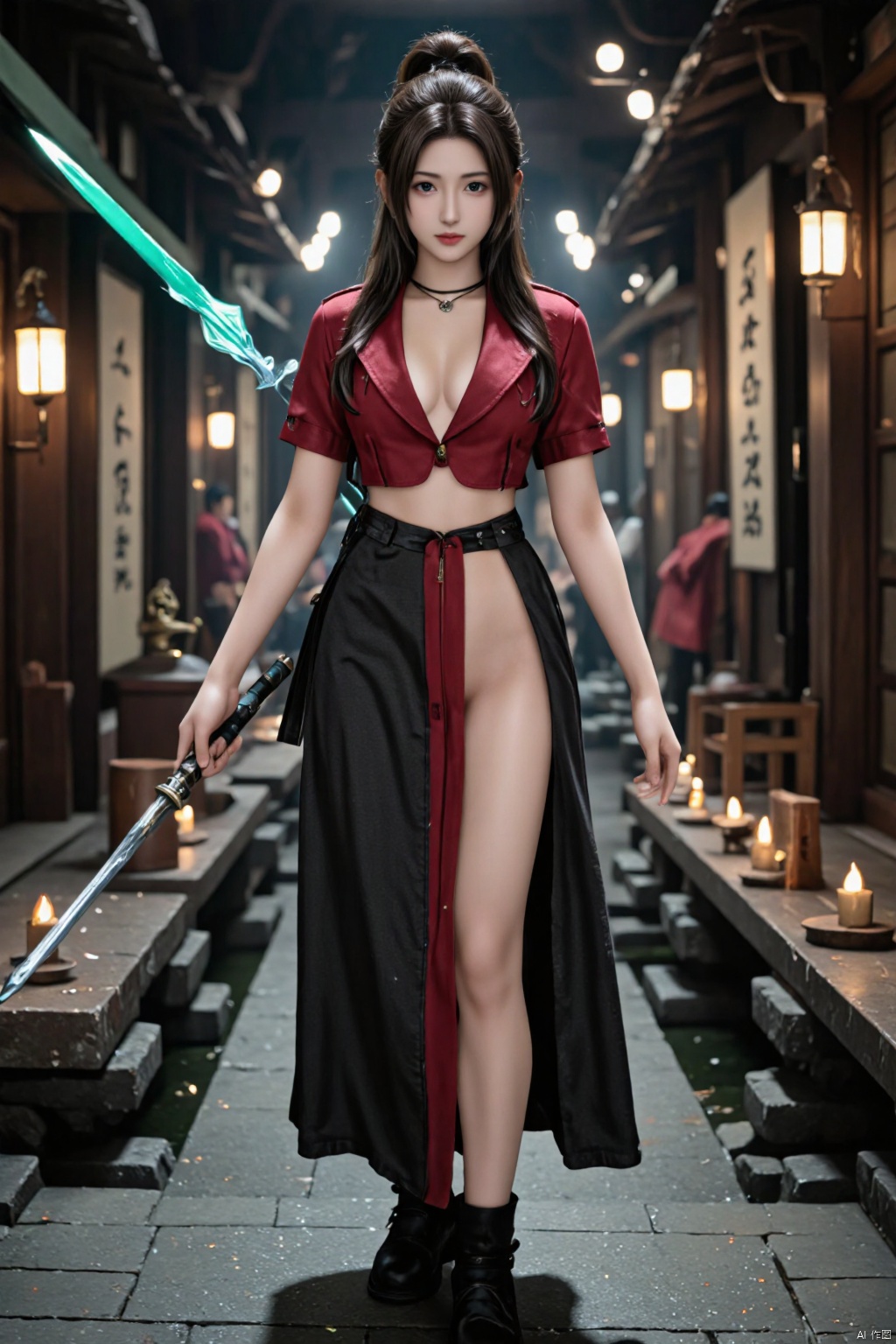 A beautiful Chinese-style girl with long black hair, her eyes are determined, and she holds a long sword in her hand, like a night elf, slowly walking from the water,Aerith Gainsborough,