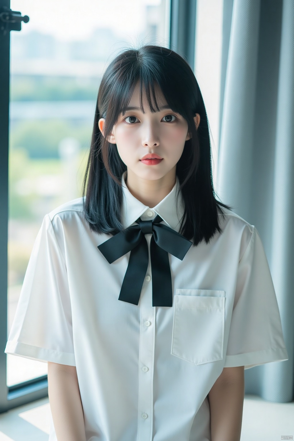 Polaroid style filters,Retro film style,a young Asian woman stands in front of a window. She is dressed in a white button-down shirt with a black collar and a black bow tie. The woman's hair is long and cascades over her shoulders, framing her face. She has a serious expression on her face, adding a pop of color to the scene.