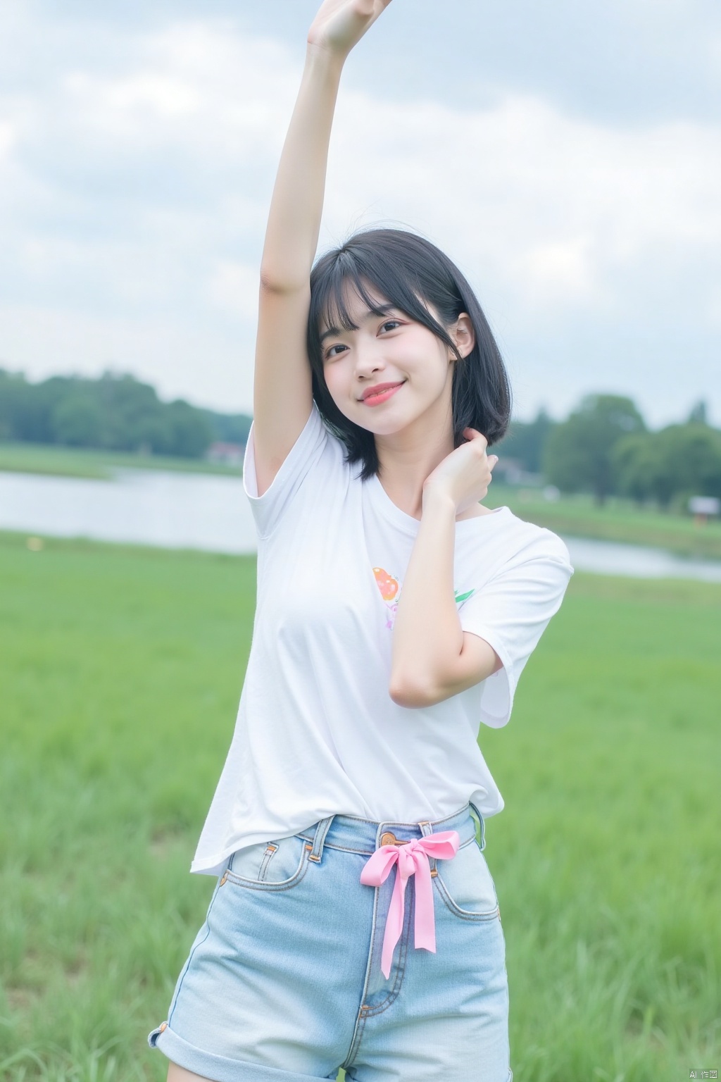 Polaroid style filters,Retro film style,a young Asian woman stands with her left arm raised in the air. She is dressed in a white t-shirt, a pair of light blue denim shorts, adorned with a pink ribbon tied around her waist. The woman's hair is styled in a bob, adding a pop of color to the scene. The backdrop is a lush green field, with a lake and trees in the distance. The sky is filled with white, fluffy clouds.