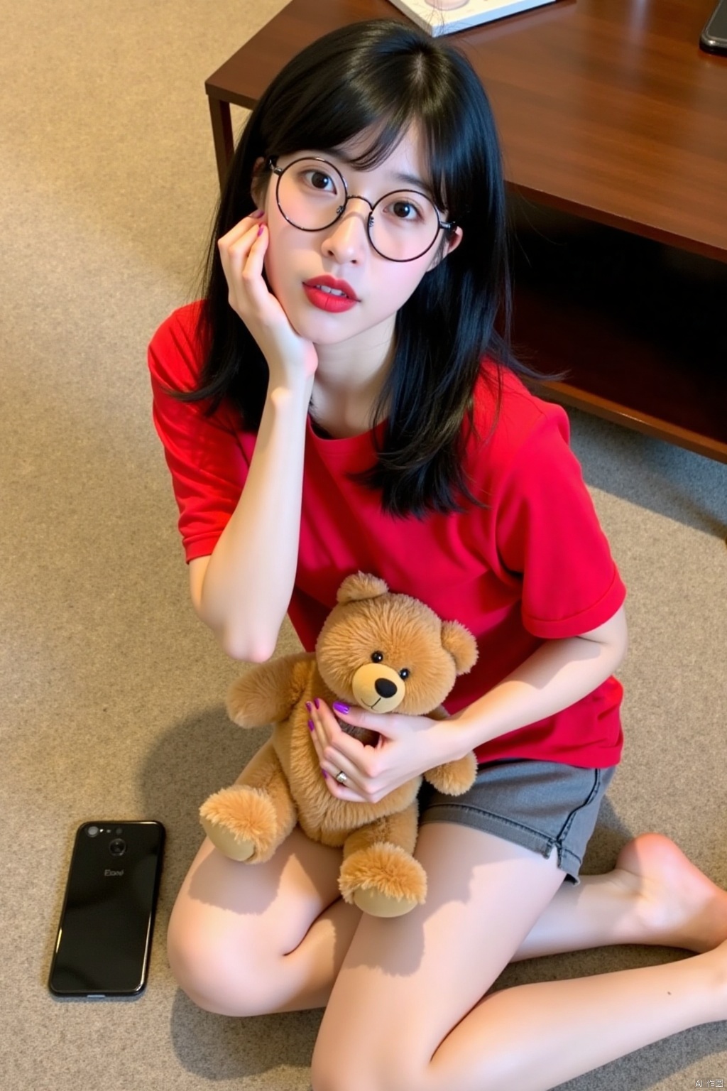 a young Asian woman with long black hair, wearing a red short-sleeved t-shirt and gray shorts is seated on a beige carpeted floor. She is holding a brown teddy bear in her left hand, with her right hand resting on her chin. The woman's face is turned to the right, and she is wearing a pair of rimmed glasses on her face. Her lips are painted a dark red, and her eyes are a piercing blue. To the left of her, a black cell phone is positioned on the carpet, adding a pop of color to the scene. In the background, a brown wooden table is visible, with a white object on top of it.