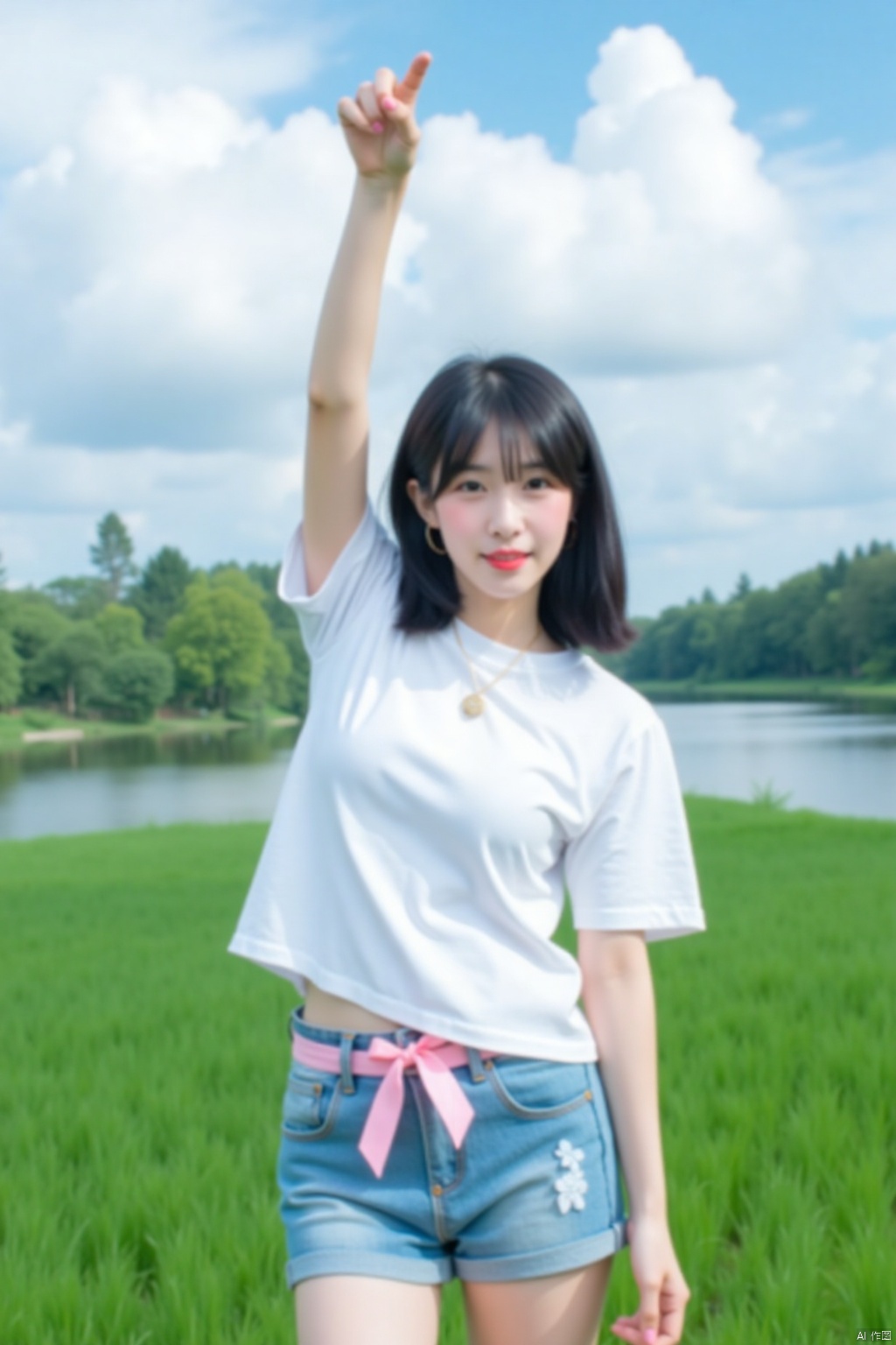 Polaroid style filters,Retro film style,a young Asian woman stands with her left arm raised in the air. She is dressed in a white t-shirt, a pair of light blue denim shorts, adorned with a pink ribbon tied around her waist. The woman's hair is styled in a bob, adding a pop of color to the scene. The backdrop is a lush green field, with a lake and trees in the distance. The sky is filled with white, fluffy clouds.