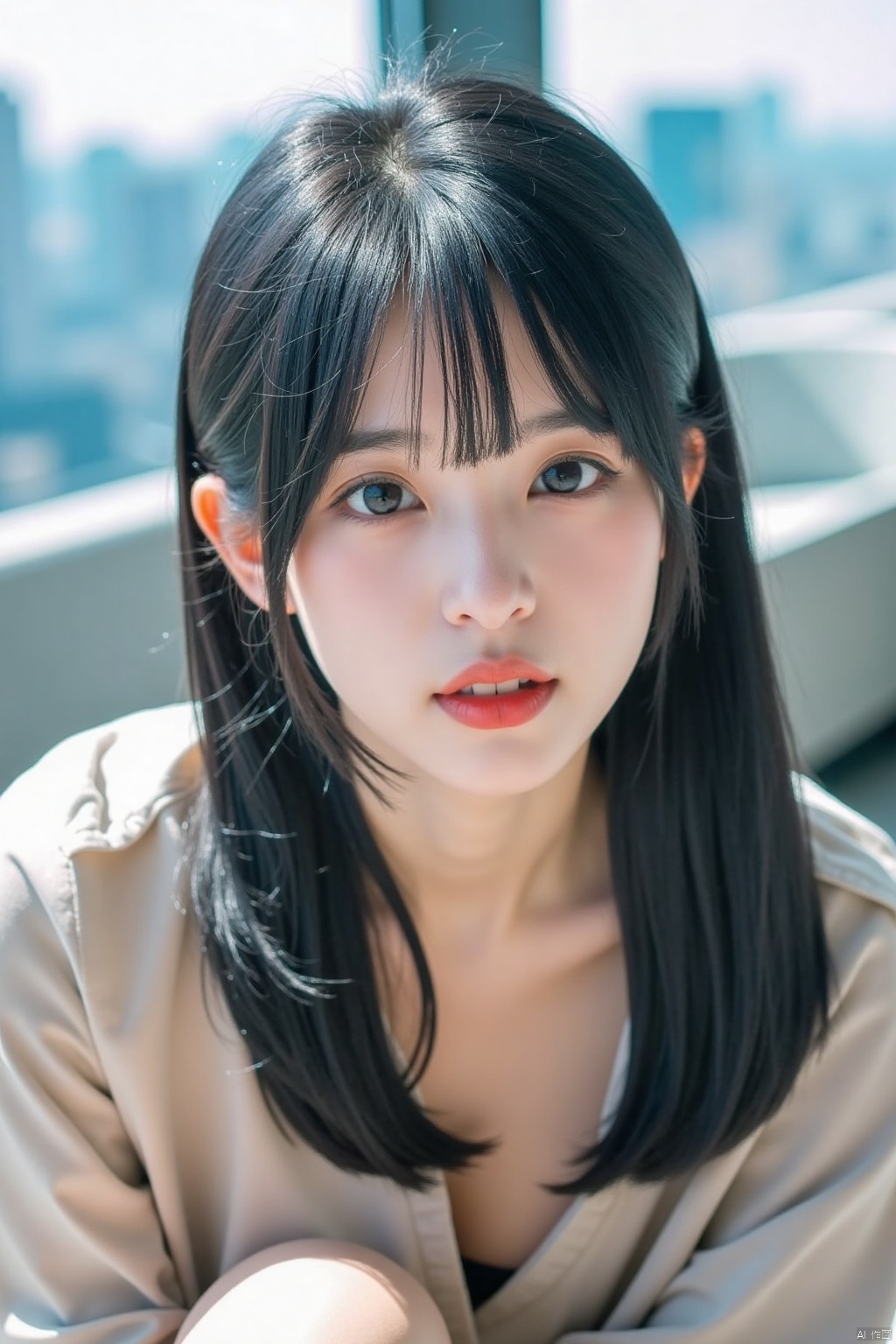 A close-up shot of a stunning East Asian woman, likely in her early twenties, with long black hair (黑丝) and a youthful, energetic demeanor, dressed in a trendy outfit that showcases her curves as a popular JK girl (辣妹). She's sitting on a sleek surface, perhaps a modern coffee table or a minimalist desk, with a bold hairstyle and striking makeup. The lighting is bright and playful, with subtle highlights accentuating her features. In the background, a cityscape or urban landscape subtly adds to the overall aesthetic of edginess and sophistication.