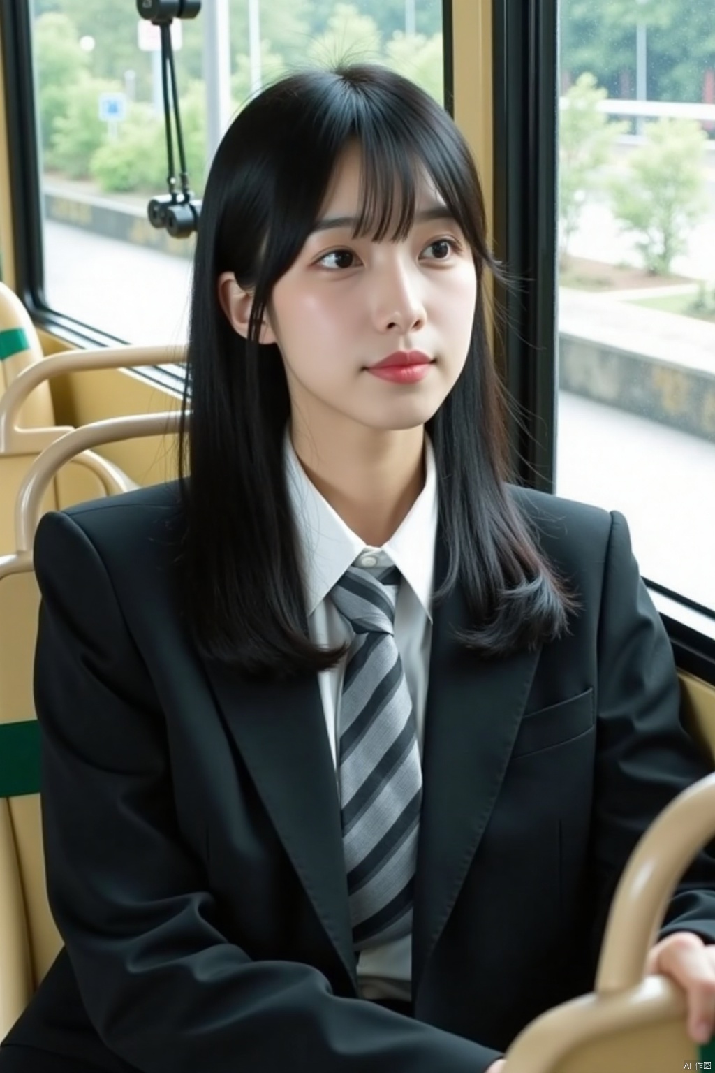 a young Asian woman with long dark brown hair is seated on a bus. She is dressed in a black suit jacket, a white collared shirt, and a gray and white striped tie. The seat she is sitting on is beige, with a green stripe on the seat. Behind her, a window is visible. Through the window, a view of trees and a road can be seen.