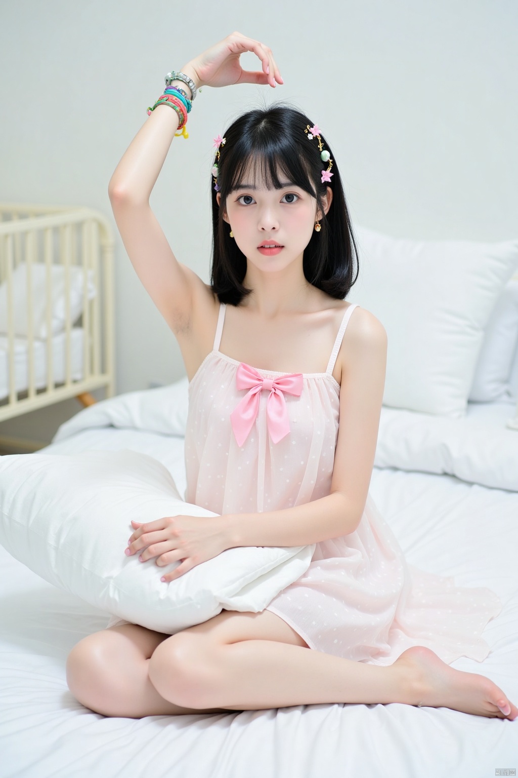 a young Asian woman is seated on a white bed with her legs crossed. She is dressed in a light pink sleeveless dress with a pink bow at the neckline, adorned with white polka dots. Her hair is styled in a sleek bob, and her bangs are adorned with colorful bracelets. Her eyes are a piercing blue, and she has a serious expression on her face. Her left hand is raised above her head, while her right hand is holding a white pillow. The backdrop is a stark white wall, and a white crib can be seen in the background.