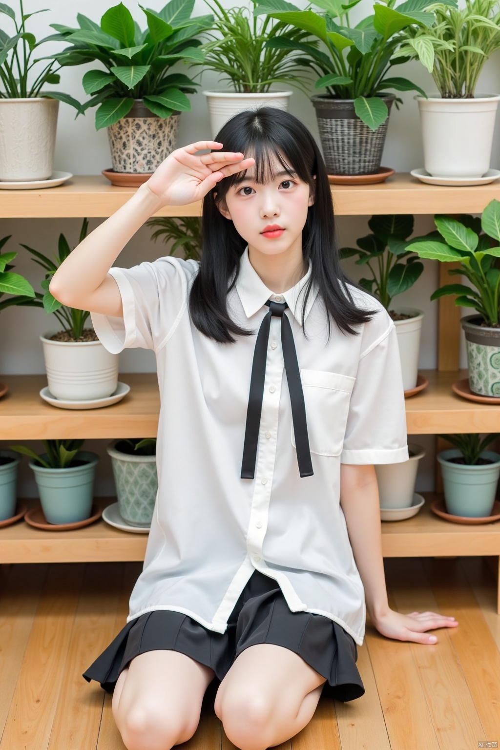 a young Asian girl, dressed in a white short-sleeved button-down shirt and a black tie, is seated on a wooden floor. Her left hand is raised in the air, while her right hand is resting on her forehead. She is looking directly at the camera, with a serious expression on her face. Behind her, a shelf is filled with potted plants, each with a unique unique shape and size. The shelf is adorned with a variety of green leaves, adding a touch of nature to the scene.