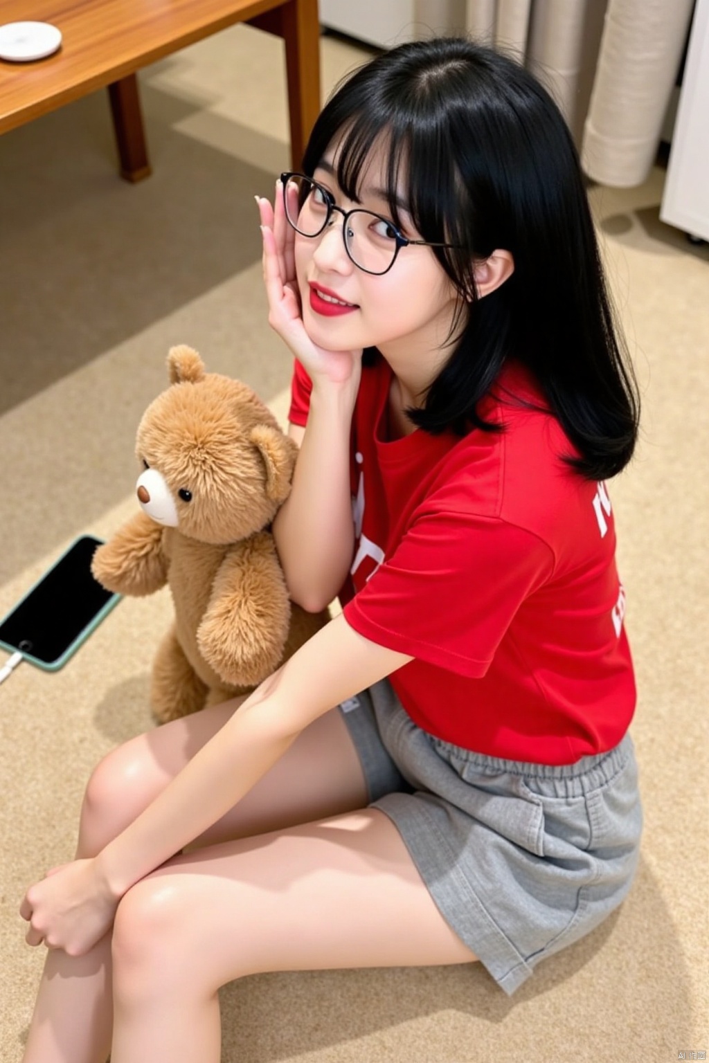 a young Asian woman with long black hair, wearing a red short-sleeved t-shirt and gray shorts is seated on a beige carpeted floor. She is holding a brown teddy bear in her left hand, with her right hand resting on her chin. The woman's face is turned to the right, and she is wearing a pair of rimmed glasses on her face. Her lips are painted a dark red, and her eyes are a piercing blue. To the left of her, a black cell phone is positioned on the carpet, adding a pop of color to the scene. In the background, a brown wooden table is visible, with a white object on top of it.