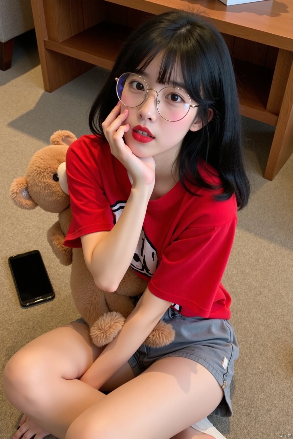 a young Asian woman with long black hair, wearing a red short-sleeved t-shirt and gray shorts is seated on a beige carpeted floor. She is holding a brown teddy bear in her left hand, with her right hand resting on her chin. The woman's face is turned to the right, and she is wearing a pair of rimmed glasses on her face. Her lips are painted a dark red, and her eyes are a piercing blue. To the left of her, a black cell phone is positioned on the carpet, adding a pop of color to the scene. In the background, a brown wooden table is visible, with a white object on top of it.