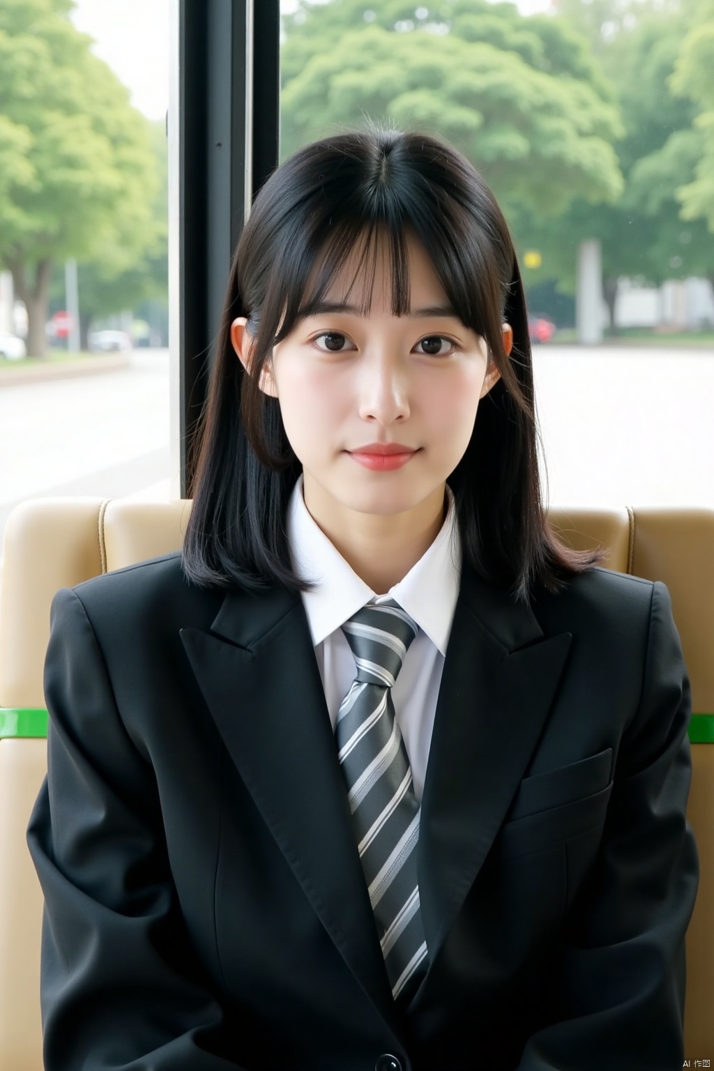 a young Asian woman with long dark brown hair is seated on a bus. She is dressed in a black suit jacket, a white collared shirt, and a gray and white striped tie. The seat she is sitting on is beige, with a green stripe on the seat. Behind her, a window is visible. Through the window, a view of trees and a road can be seen.