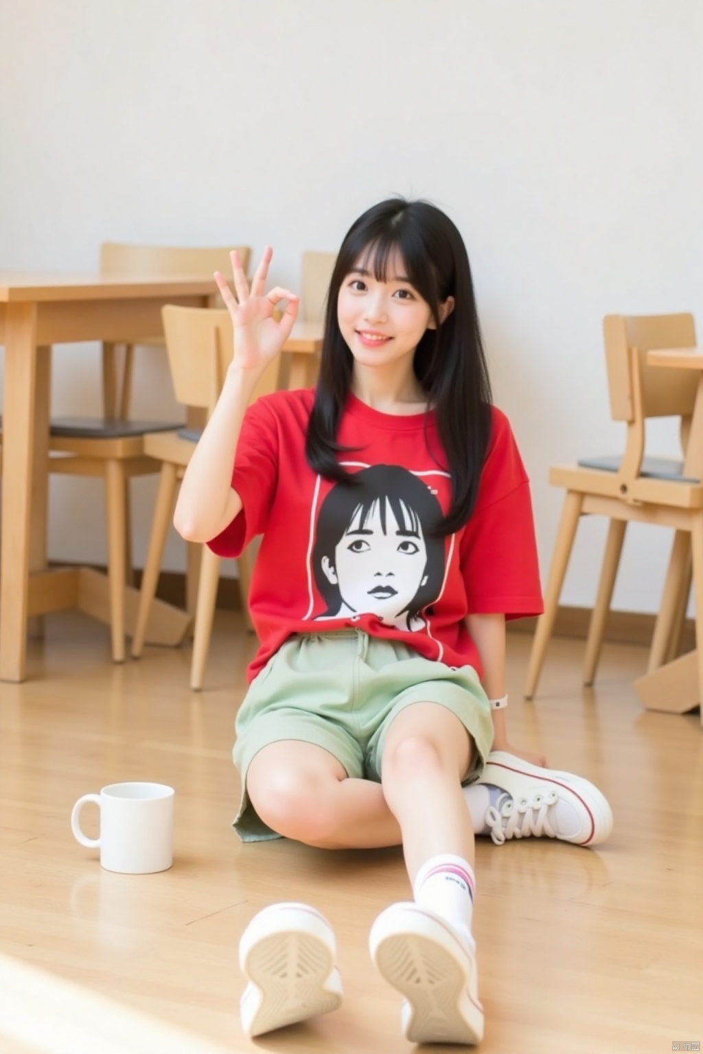 a medium-sized Asian woman is seated on a light-colored wooden floor. She is dressed in a short-sleeved red t-shirt, adorned with a black and white graphic of a woman's face. Her left hand is raised in the air, adding a pop of color to her face. The woman's hair is long, straight, and she's wearing a pair of light green shorts. Her sneakers are adorned with white socks and a white sock with a red stripe. A white coffee mug is placed on the floor in front of her. The backdrop is a stark white wall, with a wooden table and chairs behind her.,Polaroid style filters,Retro film style