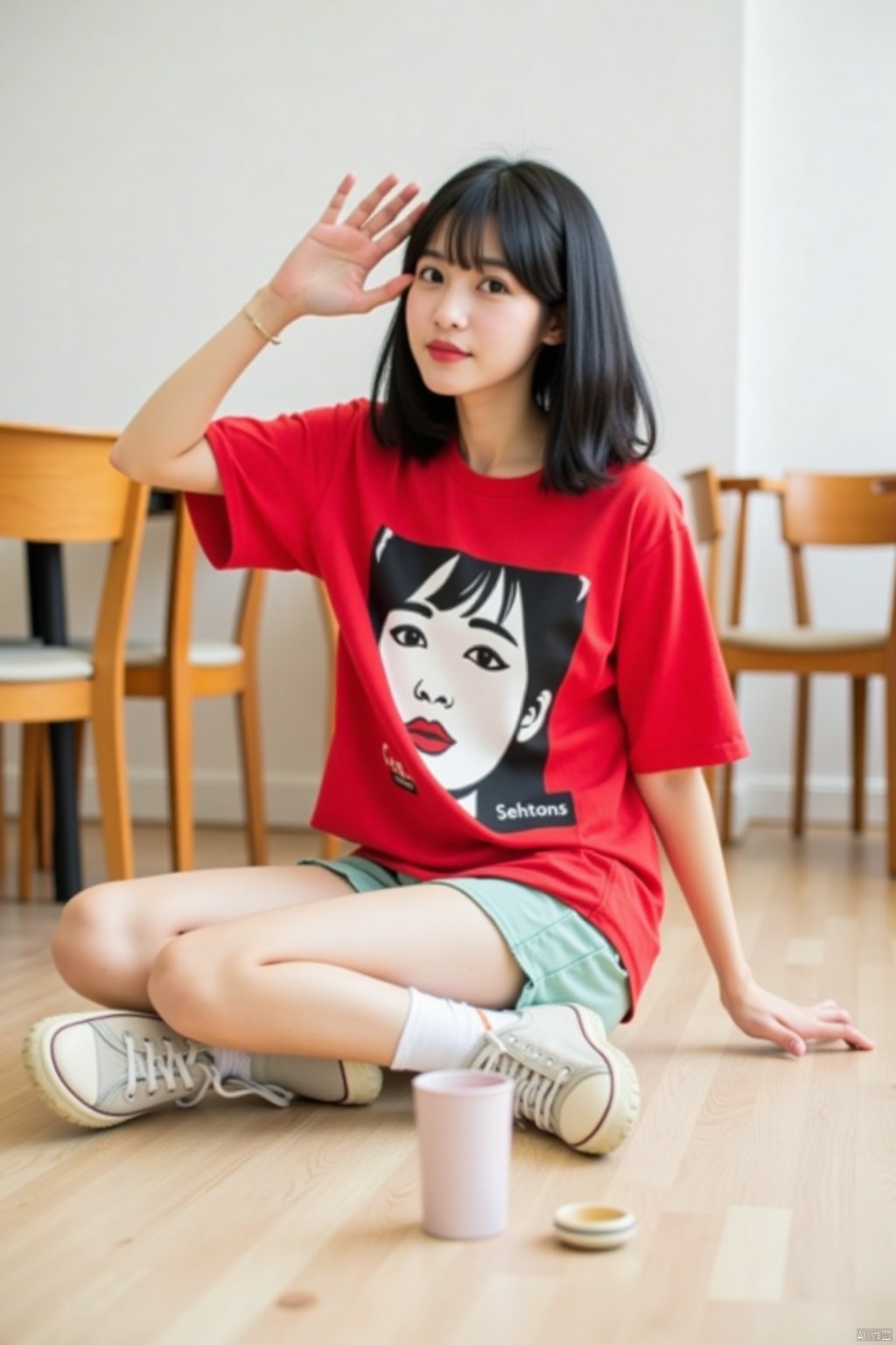 a medium-sized Asian woman is seated on a light-colored wooden floor. She is dressed in a short-sleeved red t-shirt, adorned with a black and white graphic of a woman's face. Her left hand is raised in the air, adding a pop of color to her face. The woman's hair is long, straight, and she's wearing a pair of light green shorts. Her sneakers are adorned with white socks and a white sock with a red stripe. A white coffee mug is placed on the floor in front of her. The backdrop is a stark white wall, with a wooden table and chairs behind her.