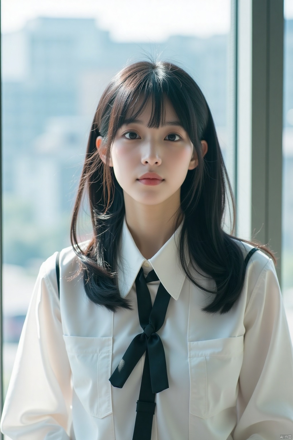 Polaroid style filters,Retro film style,a young Asian woman stands in front of a window. She is dressed in a white button-down shirt with a black collar and a black bow tie. The woman's hair is long and cascades over her shoulders, framing her face. She has a serious expression on her face, adding a pop of color to the scene.