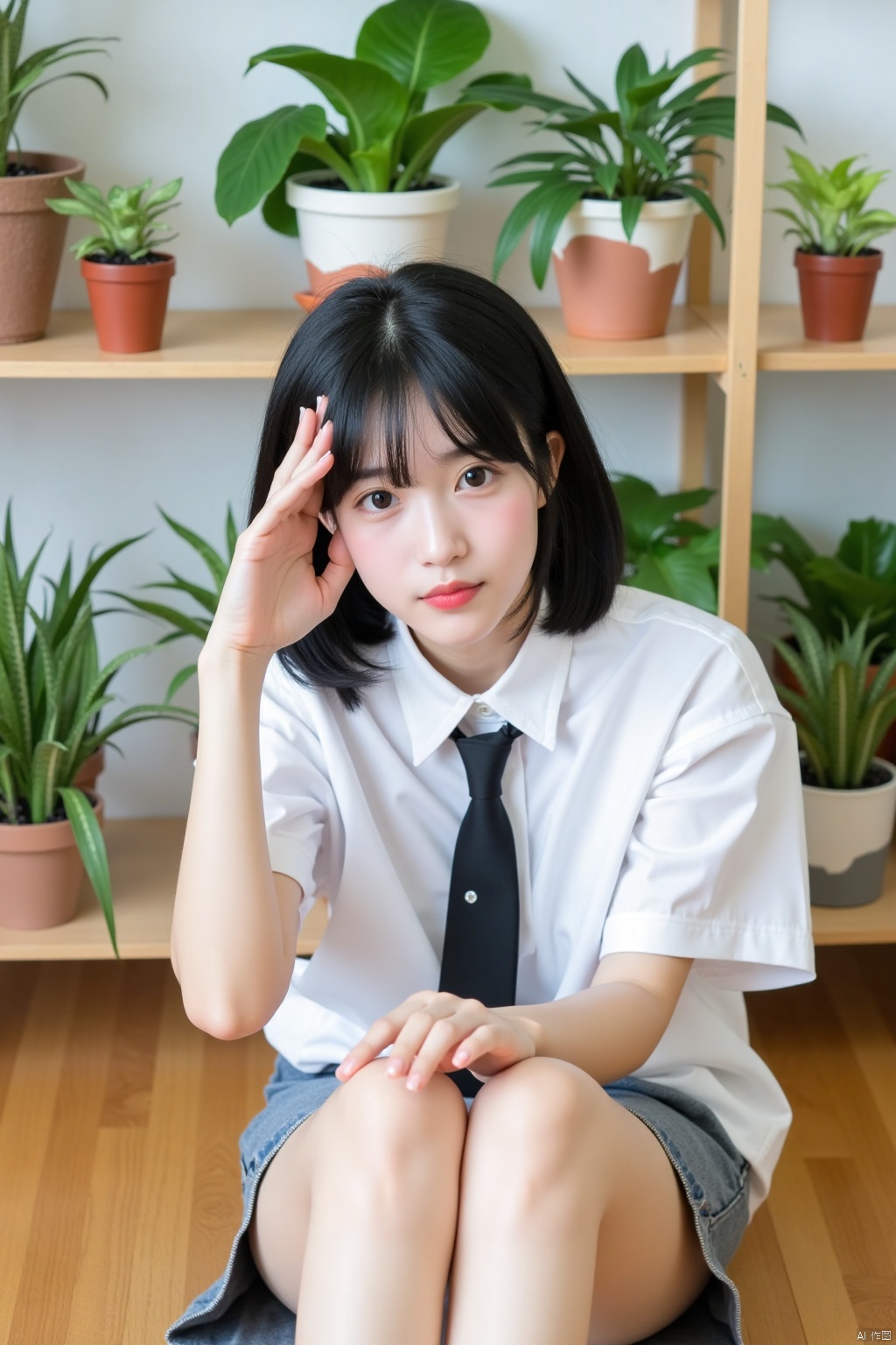 a young Asian girl, dressed in a white short-sleeved button-down shirt and a black tie, is seated on a wooden floor. Her left hand is raised in the air, while her right hand is resting on her forehead. She is looking directly at the camera, with a serious expression on her face. Behind her, a shelf is filled with potted plants, each with a unique unique shape and size. The shelf is adorned with a variety of green leaves, adding a touch of nature to the scene.