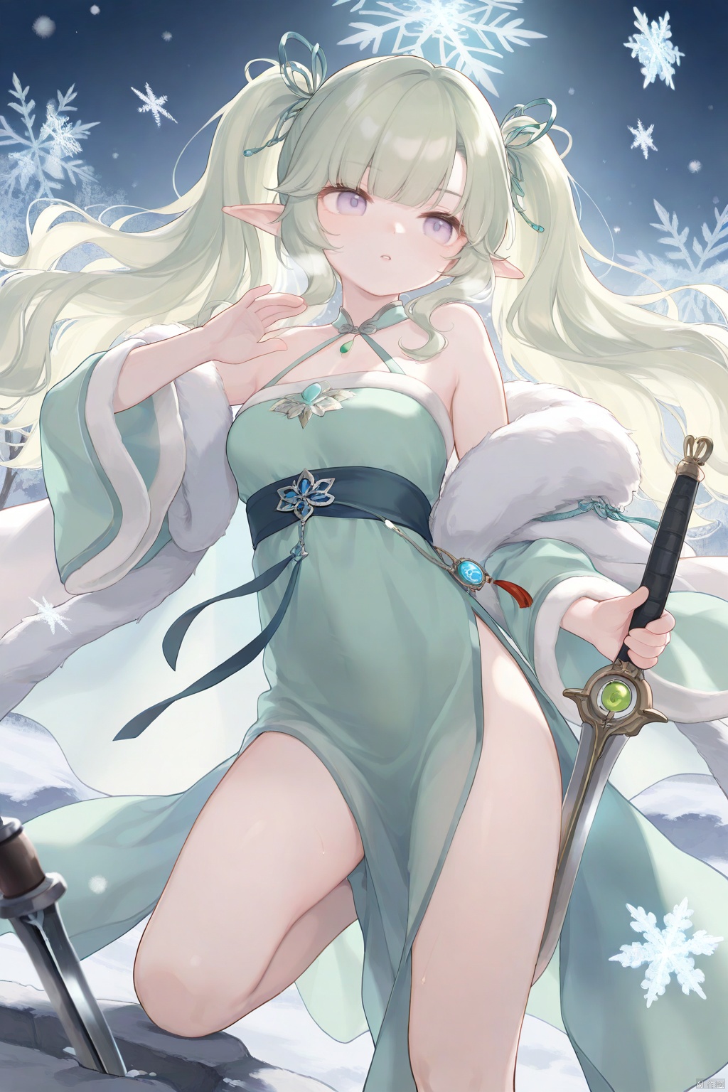masterpiece, best quality, newest, absurdres, highres, 1girl, solo, (pale green hair:1.1), light purple eyes, wavy curls, straight bangs, cirle curls, asymmetrical bangs, pointy ears, elf, meigetsu twintails qixiong ruqun, hanfu, snowflakes, fur-trimmed cloak, jian (weapon), dynamic pose, floating hair, battle, snowfield, underlighting, strong visual impact, film lighting, night

