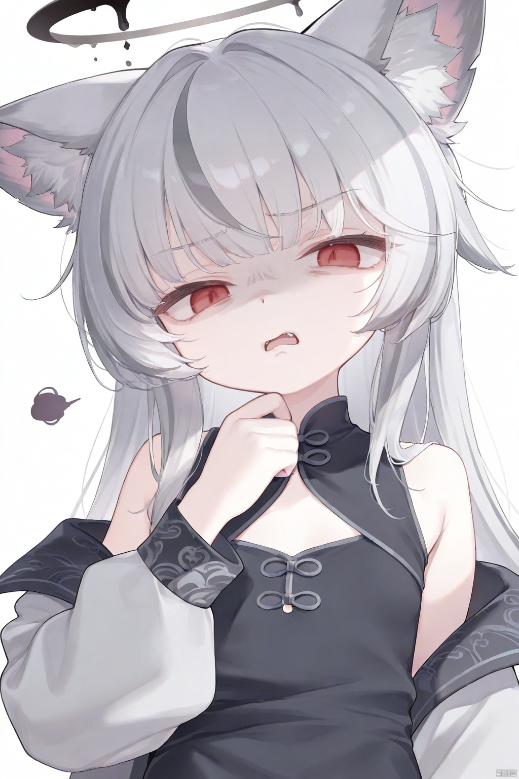 1girl,animal ears,solo,long hair,grey hair,halo,simple background,upper body,white background,looking at viewer,bangs,jacket,dress,long sleeves,black dress,open mouth,animal ear fluff,multicolored hair,streaked hair,disgust,chinese clothes,sleeveless,

