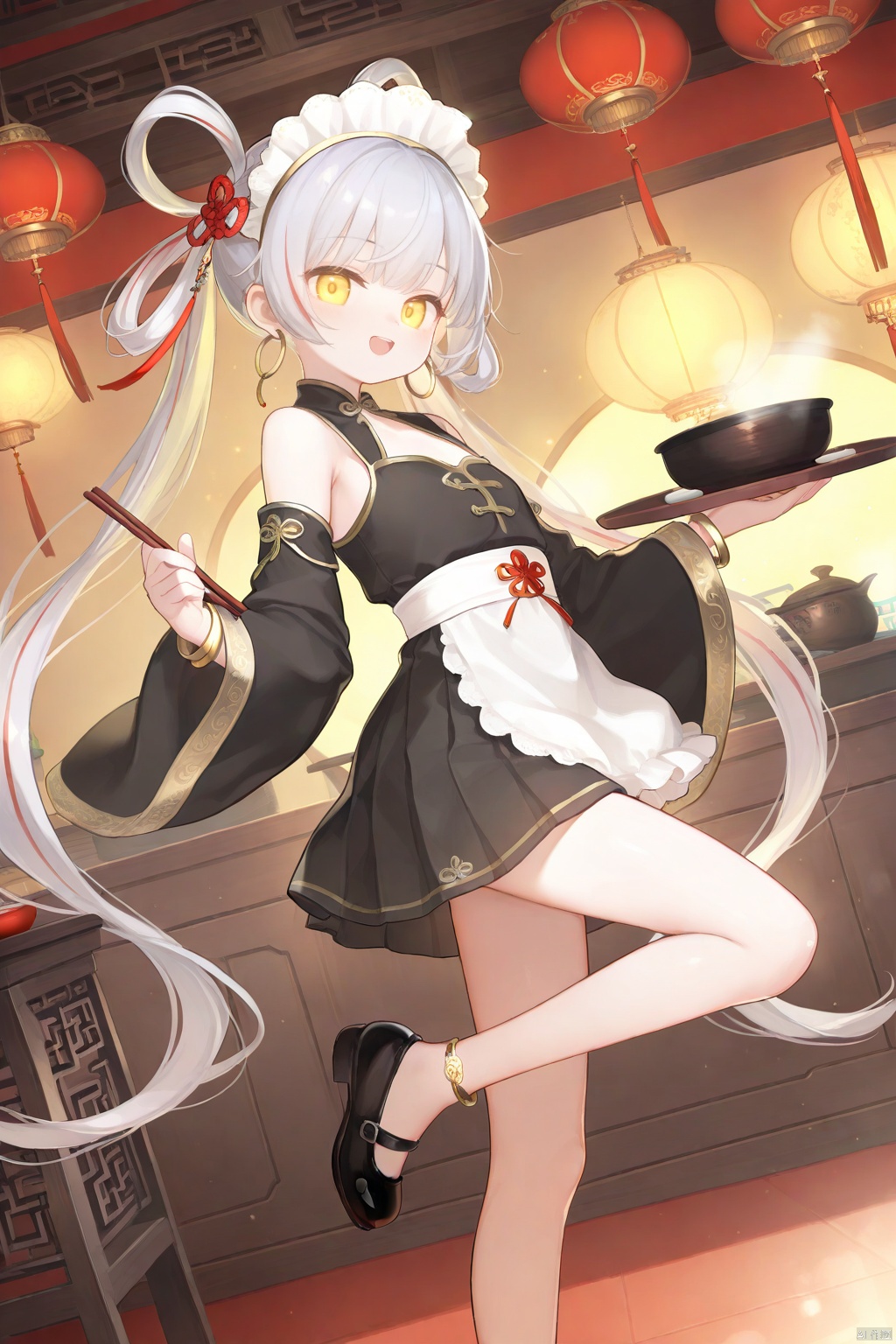 glowing eyes, streaked hair, glowing inner hair, glowing streaks, 1girl,:d,smile,looking at viewer,holding_tray,holding chopsticks,standing,foot up,,bare_legs,very long hair,hair rings,twintails,yellow eyes,silver hair,(maid:1.2),(chinese_style:1.1),(hanfu:1.1),(white with black chest pleated skirt:1.1),pinafore_dress,detached_sleeves,wide_sleeves,gold trim,lace,bare shoulders,frilled,chinese_knot,anklet,mary janes,hoop_earrings,maid headwear,hair_stick,bangle,indoors,dynamic angle,from side,light particles,
