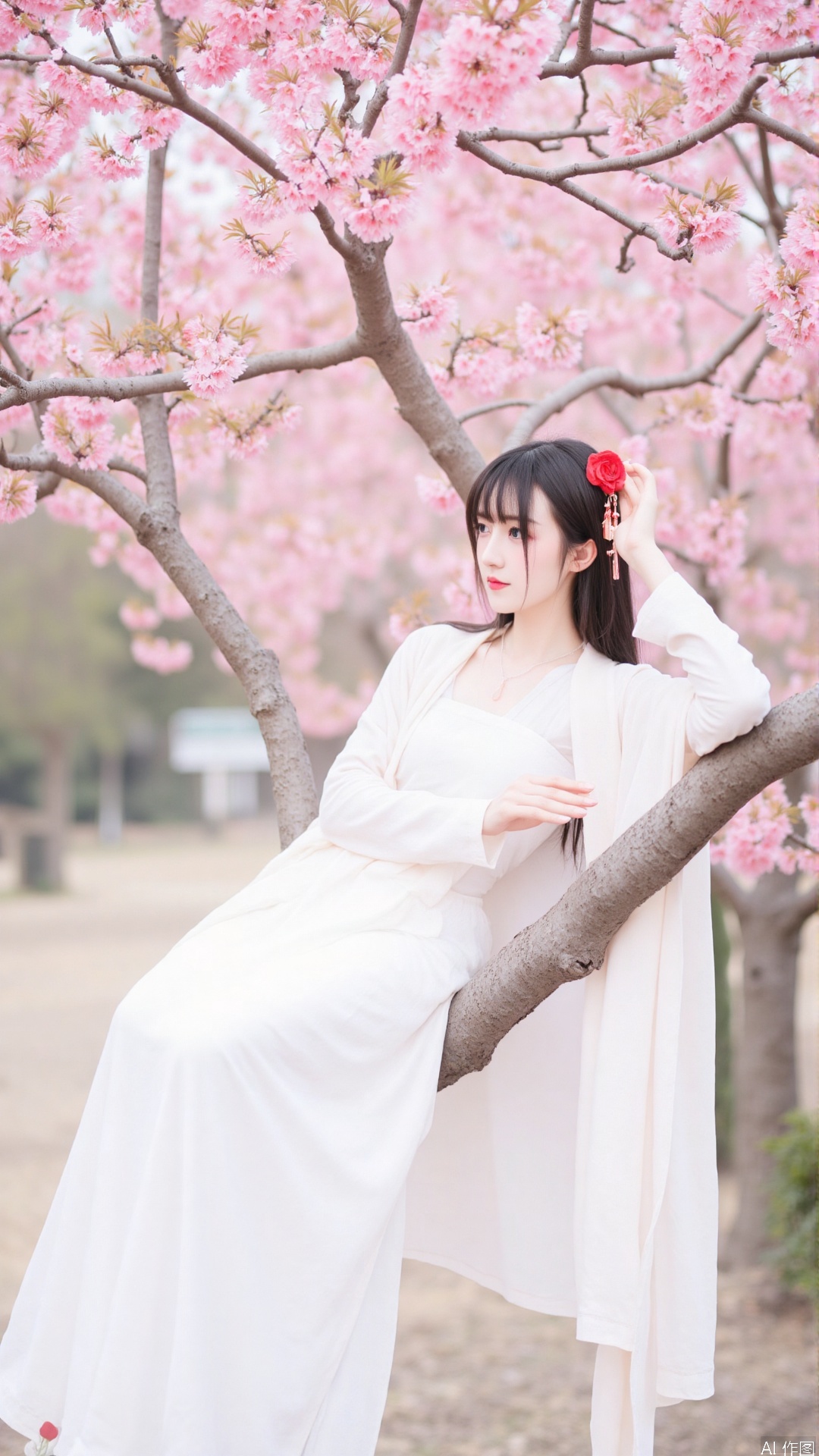 The image shows a young woman sitting on a tree branch in a garden. She is wearing a long white dress with a red flower in her hair. The tree is covered in pink cherry blossom flowers, creating a beautiful and romantic atmosphere. The woman is resting her head on the branch and appears to be deep in thought. The background is blurred, but it seems to be a garden with other trees and bushes. The overall mood of the image is peaceful and serene.