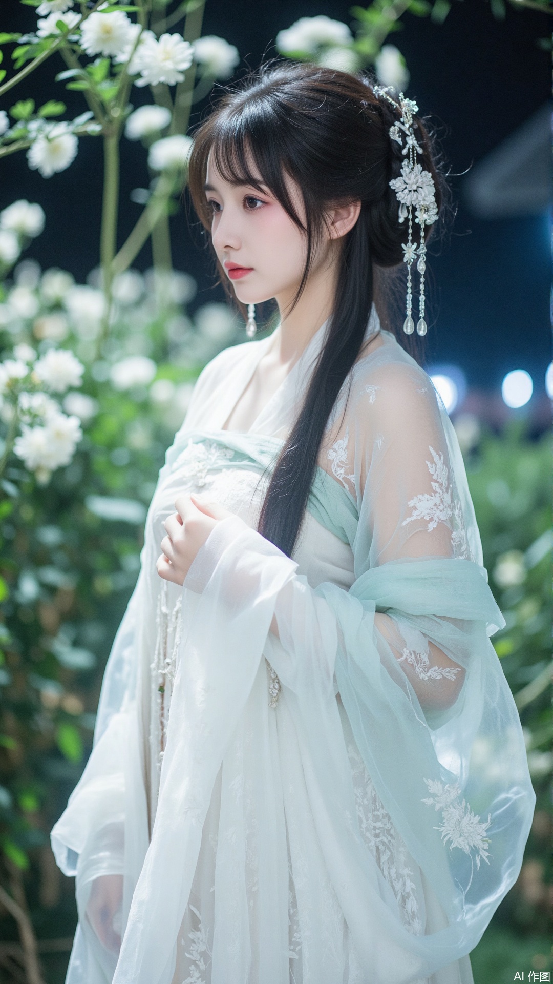 A photograph capturing a person in a white Hanfu with delicate floral patterns and a sheer,semi-transparent outer layer outdoors at night. The attire catches the soft light,creating a gentle,ethereal glow. The blurred background of flowers and grass,combined with the night atmosphere,enhances the dreamy and serene ambiance.(masterpiece),(best quality),(ultra-detailed),illustration,disheveled hair,detailed eyes,perfect composition,moist skin,intricate details,earrings,by wlop,cinematic photo . 35mm photograph,film,bokeh,professional,4k,highly detailed,photograph,50mm . cinematic 4k epic detailed 4k epic detailed photograph shot on kodak detailed cinematic hbo dark moody,35mm photo,grainy,vignette,vintage,Kodachrome,Lomography,stained,highly detailed,found footage,analog film photo . faded film,desaturated,35mm photo,grainy,vignette,vintage,Kodachrome,Lomography,stained,highly detailed,found footage,cinematic still . emotional,harmonious,vignette,highly detailed,high budget,bokeh,cinemascope,moody,epic,gorgeous,film grain,grainy,styled by John Galliano,a fashion model,full body,standing,pure background,fashion poster,vogue,photography by Helmut Newton,Retro Style,Fujifilm Provia 400x,strong sunlight,high contrast,film grain,best details,Deconstruction,.liangyi guang,