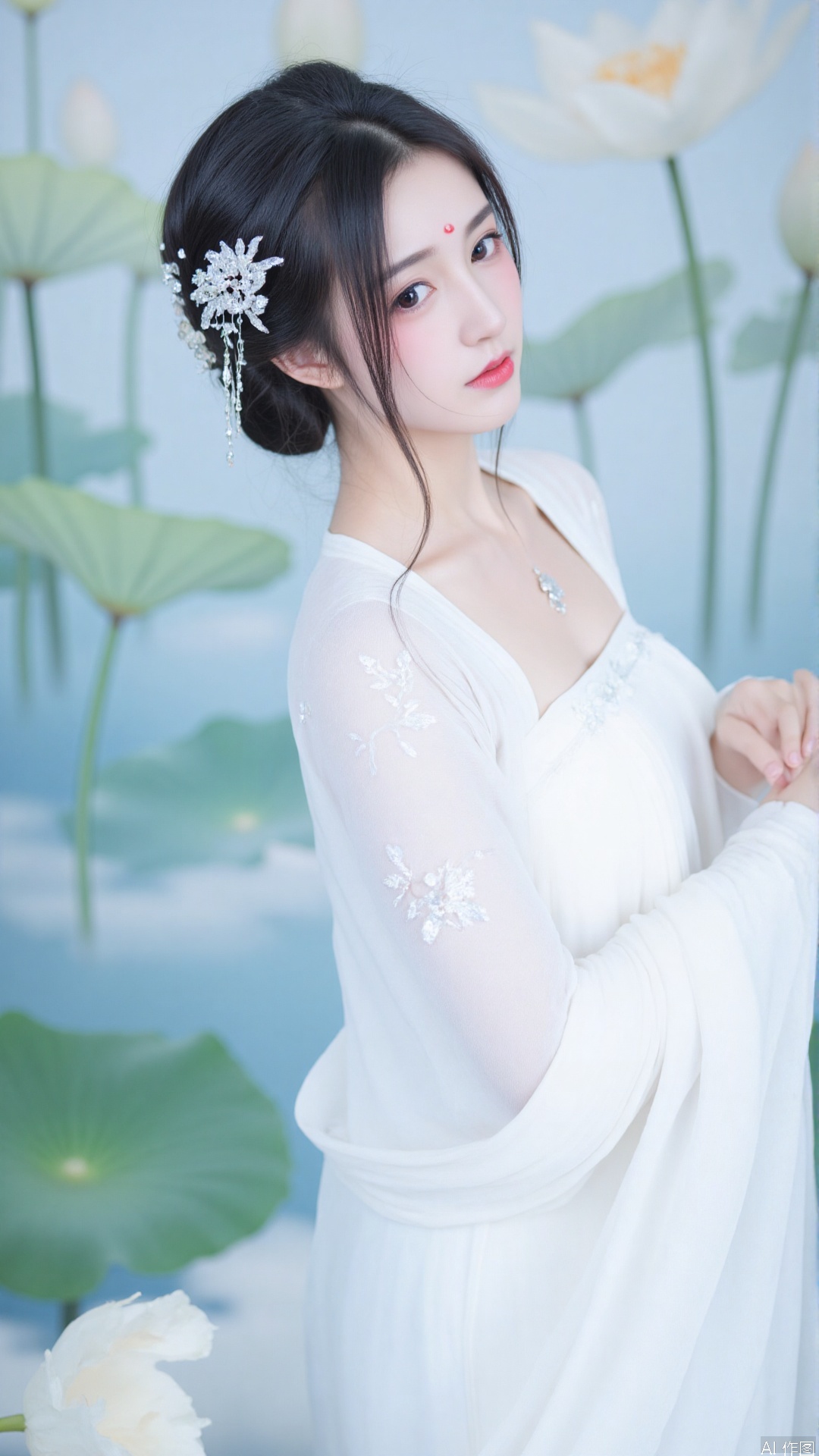 xqmn,this photograph, likely taken in a studio, depicts an ethereal asian woman dressed in an elegant white cheongsam (a traditional chinese dress) with delicate pleats and light, flowing fabrics, the womans dark, wavy hair is styled in a dramatic updo adorned with sparkling ice crystals, giving her an almost fairytale-like appearance, she wears a sparkling, silver necklace, adding a glamor touch to her look,

the backdrop is an artistic mix of real and staged elements, with lush, pale green lily pads extending upwards and large, white lilies with closed petals scattered across, the lily buds have a translucent, delicate appearance, mimicking the elegance of the traditional cheongsam, subtle hints of snow and ice can be seen beneath her feet, merging the traditional chinese elements with a winter theme,

the background is a smooth gradient of cool blue and white hues, which enhances the serene and pure atmosphere, the lighting is soft, emphasizing the translucence of her transparent, flowing fabric that envelops her shoulders, and creating a dream-like, almost surreal mood to the entire photograph, this image beautifully marries traditional motifs with contemporary artistic elements