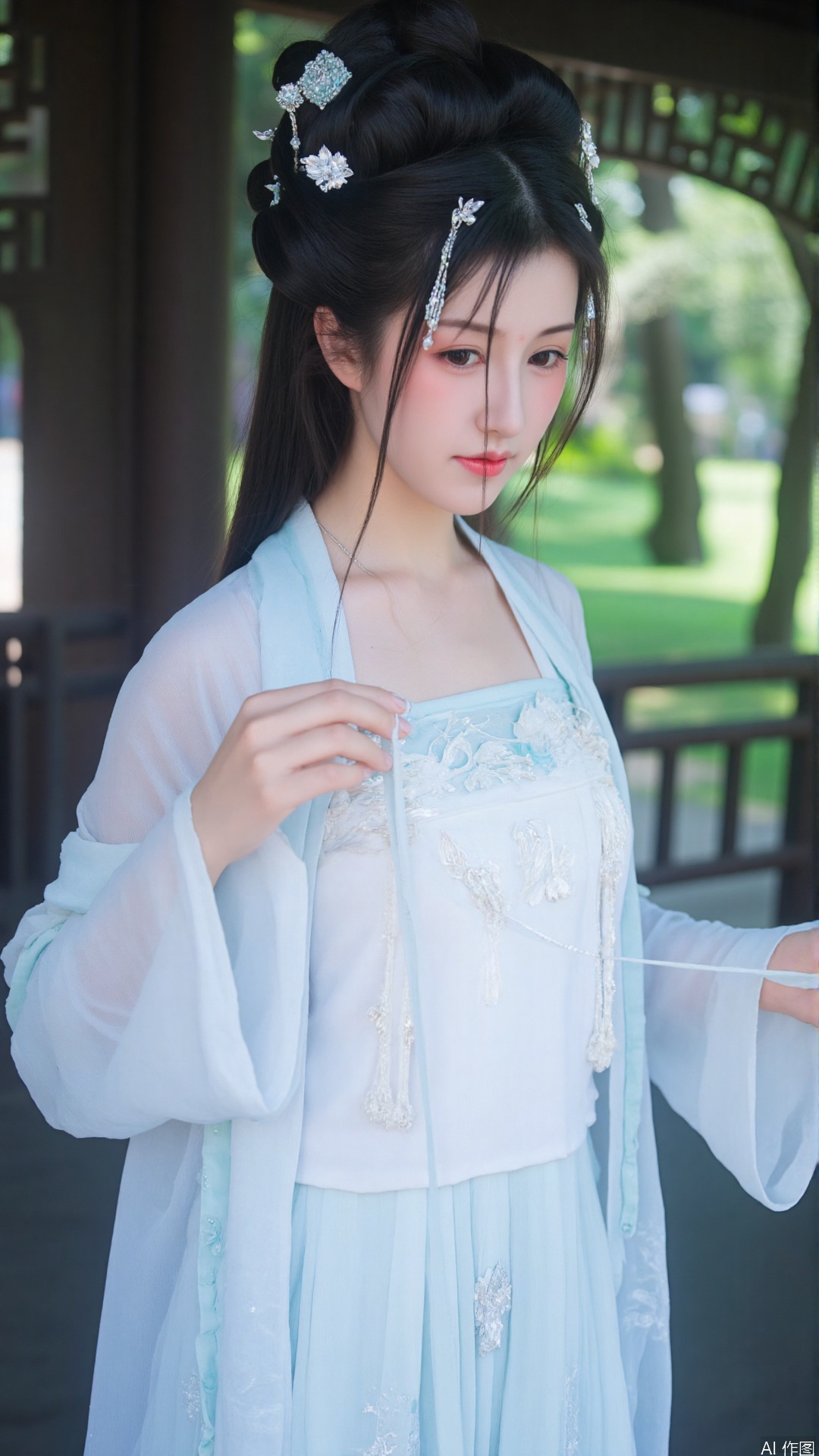liangyi san,The image is a high-resolution photograph featuring a young Asian woman in traditional Chinese attire, standing in what appears to be a traditional Chinese pavilion or garden structure. The woman is of slender build with fair skin and dark hair styled in an elaborate updo adorned with ornate hair accessories, including delicate flowers and a blue headpiece. Her makeup is subtle yet elegant, with a focus on rosy cheeks and a natural lip color.

She is dressed in a traditional qipao, a form-fitting dress that is predominantly white with delicate, light blue floral patterns. The dress is made of a semi-transparent fabric that allows the intricate embroidery and lace detailing to be seen. She wears a matching, sheer blue shawl that flows gracefully around her, and a pearl necklace adds a touch of sophistication.

In her right hand, she holds a long, thin, blue ribbon that she is gently pulling, causing it to flutter and create a sense of motion. The background features a dark wooden structure with a lattice window through which green foliage and sunlight filter, adding depth and a serene atmosphere to the scene. The overall mood is one of tranquility and elegance, blending traditional Chinese aesthetics with a modern, high-quality photographic style..liangyi guang,
