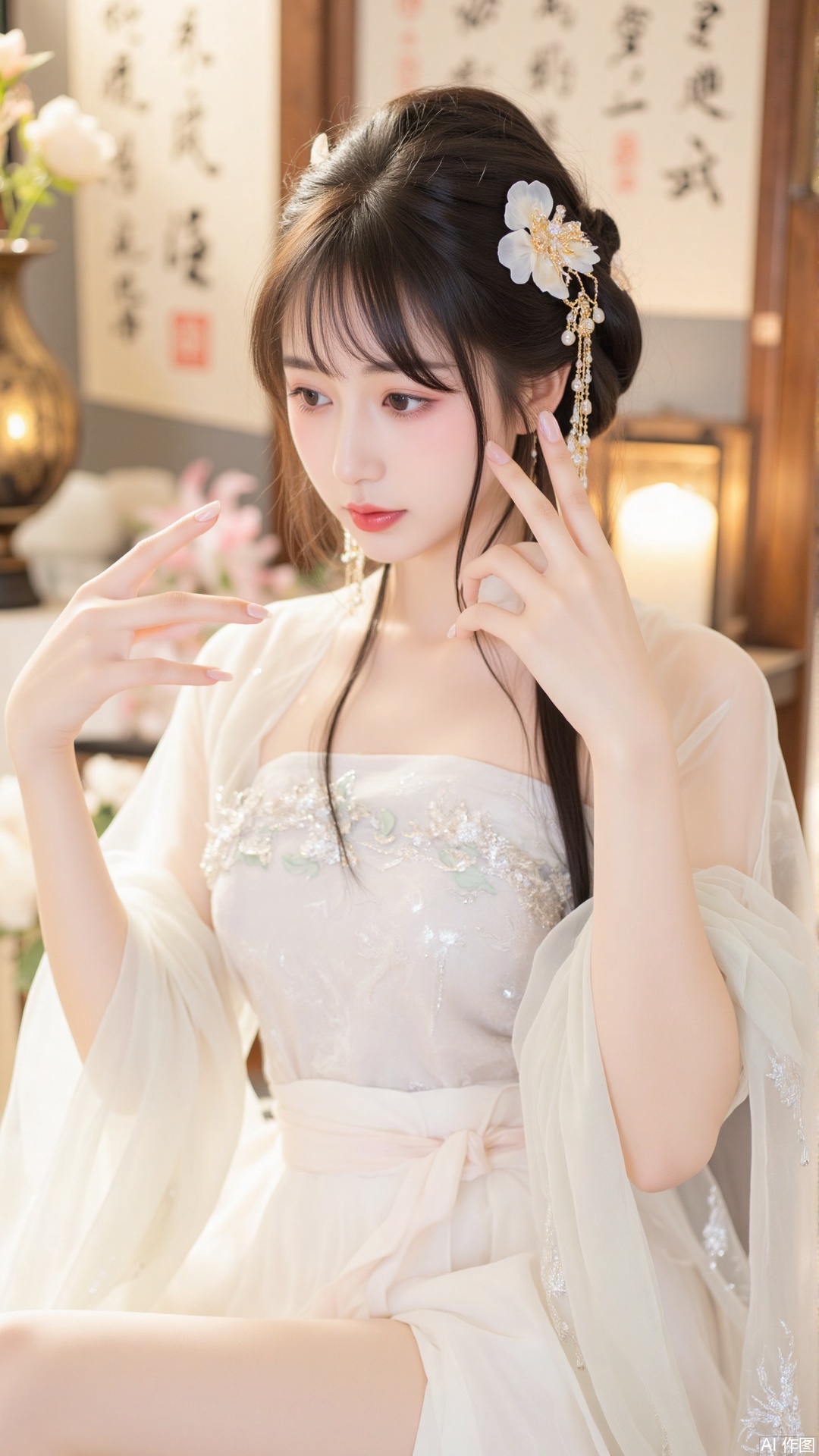 This is a highly detailed,high-resolution photograph featuring a young Asian woman with fair skin and delicate features,seated in a contemplative pose. She has long,straight black hair adorned with intricate,golden hair accessories that include a large peony flower and delicate,dangling ornaments. Her makeup is subtle,with a soft pink blush and a natural lip color. She is dressed in a traditional,flowing white robe with translucent,sheer layers that shimmer with a subtle sparkle. Her robe is adorned with small,sparkling details that add to its ethereal quality., She is surrounded by a serene,indoor setting that includes a soft,warm light that bathes her in a golden glow. The background features traditional Asian elements,including a wooden screen with calligraphy and a golden vessel,adding to the traditional ambiance. There are also pink and white flowers in the foreground,enhancing the peaceful and elegant atmosphere. The overall color palette is dominated by soft whites,pastels,and gold,creating a harmonious and tranquil scene. The image captures a moment of quiet reflection,emphasizing the beauty and grace of the subject and her surroundings.,