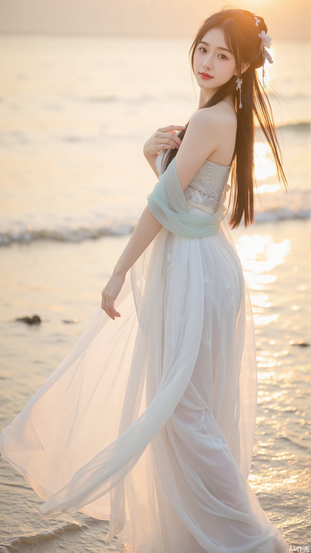 "The picture is set against the background of the morning beach. The golden sunlight shines on the sea surface, sparkling, and the waves gently slap the golden beach. The figure of Liu Shen stands gracefully on the coast. The breeze blows gently, her long hair is as flowing as silk, and the tips of her hair are dotted with a few blooming silver lotus, exuding a faint brilliance. She is wearing a simple and flowing white long skirt, and the hem of the skirt dances with the wind, as if a fairy is descending on the earth. Liu Shen's posture is elegant and calm, with a deep gaze, as if she has seen through time and space. There is a gentle smile on the corner of her mouth, which makes people feel awe Behind her is the beautiful scenery of the sea and the sky. On the distant sea level, a red sun slowly rises, adding a hint of sacredness and hope to the whole picture. The patterns on the gauze dress are like the patterns of natural laws, flowing with the wind, symbolizing her control over the world and everything. On the beach under her feet, a few silver willow leaves gently fall, as if she was her gentle whispering to this world. The overall color is mainly the golden color of the morning light and the blue color of the sea, warm and fresh, creating a peaceful and sacred atmosphere, perfectly showing the nobility and mystery of the willow god by the sea. "