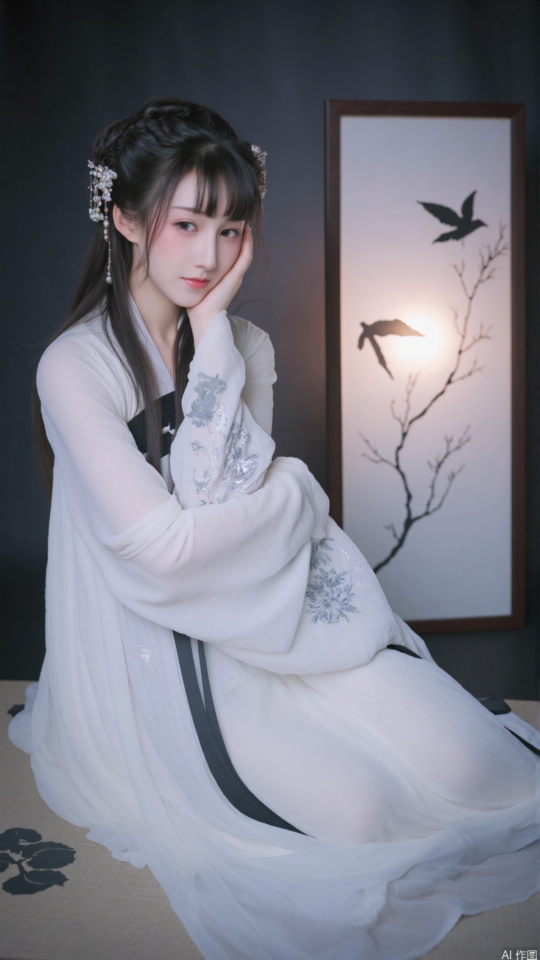 This is a high-resolution photograph featuring a young East Asian woman with fair skin and delicate features. She is dressed in traditional Chinese attire, specifically a white silk robe with intricate floral patterns in shades of gray and black. The robe is adorned with a high collar and long sleeves, which are slightly gathered at the wrists. Her hair is styled in an elaborate updo, with long, dark locks cascading down her back and adorned with small, delicate hairpins.

The background is a dark, muted palette, with a large, partially visible white paper screen featuring black silhouettes of birds and flowers, adding a sense of depth and elegance to the scene. The woman is seated on a cushioned surface, likely a traditional mat, which is covered with a white fabric adorned with subtle floral patterns. The overall atmosphere is serene and ethereal, with soft lighting that highlights her delicate features and the intricate details of her attire.

The photograph captures a moment of stillness and contemplation, with the woman gazing slightly to the side, exuding a sense calm and grace. The image is rich in texture and detail, with an artistic and poetic quality that evokes a sense both of tradition and modernity.
