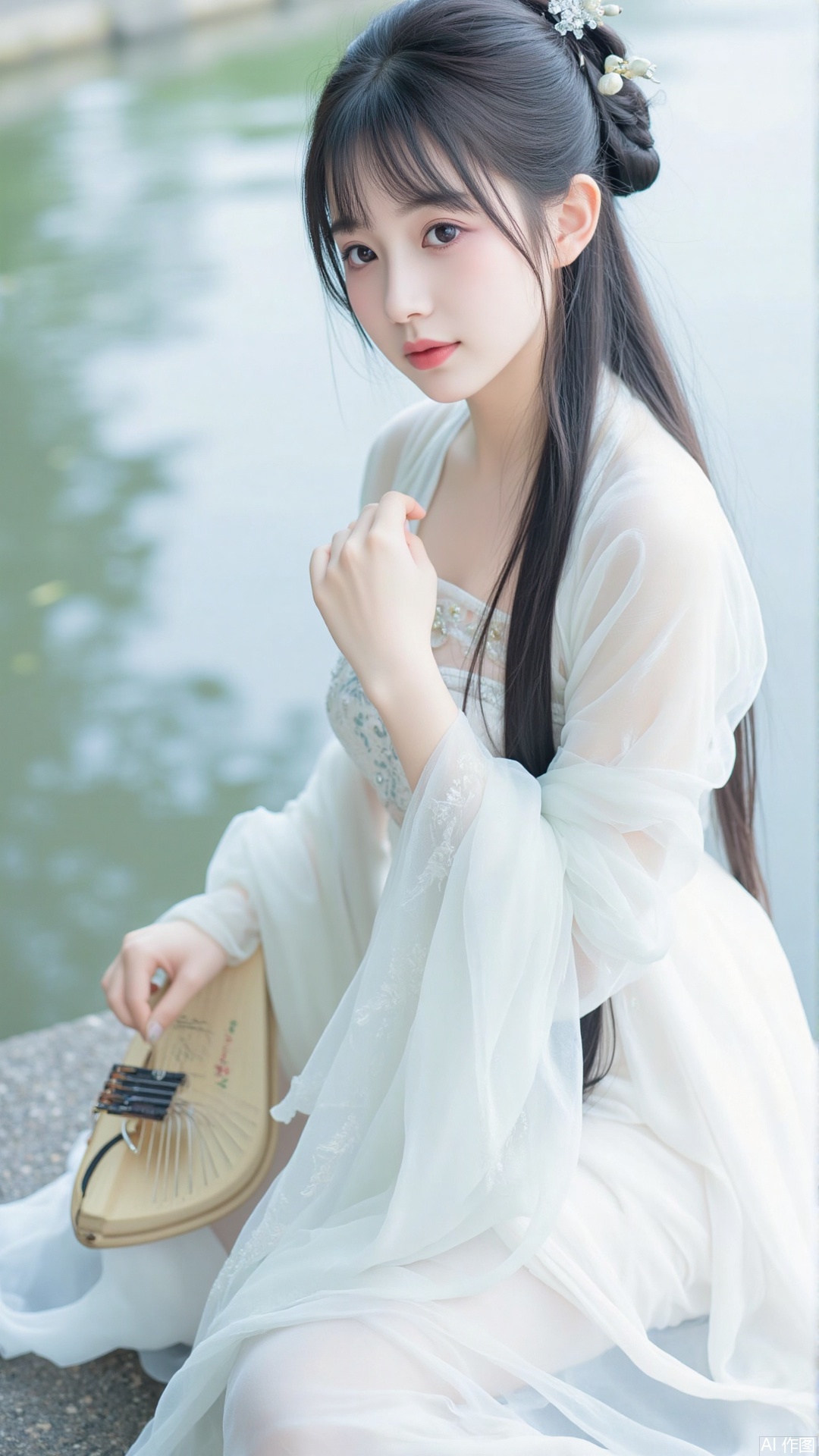 A girl with long black hair sitting by water, dressed in a white Hanfu, traditional Chinese attire, looking at the audience with a gentle expression. She wears long sleeves and plays a musical instrument, creating a serene and captivating scene. The background is blurred to focus attention on her graceful form and the tranquil waters. The lighting is soft, enhancing the delicate details of her clothing and the ethereal atmosphere.