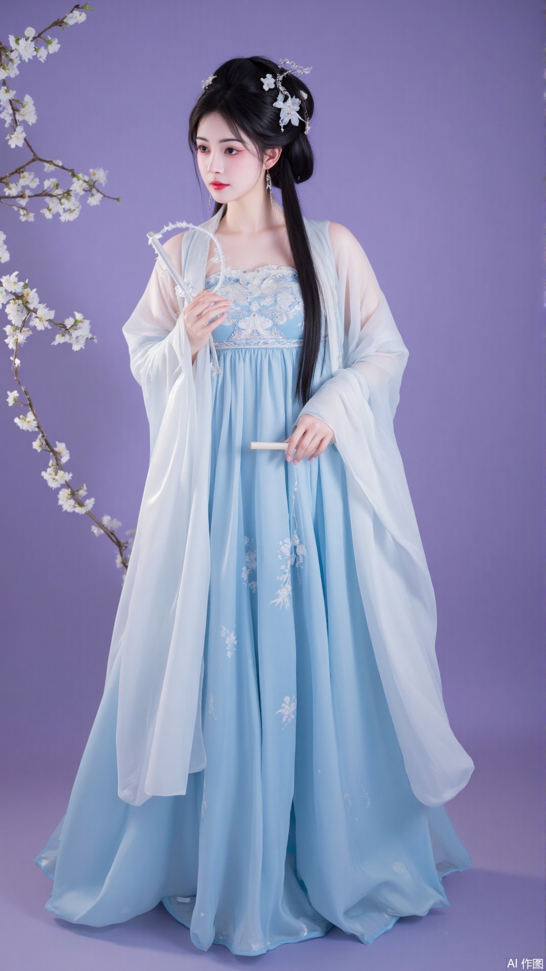 The image shows a young woman dressed in a traditional Chinese costume. She is standing in front of a purple background with a branch of white flowers on the left side. The woman is wearing a long, flowing blue dress with intricate white embroidery and a white shawl draped over her shoulders. She has long dark hair styled in a half-up, half-down braid with a flower crown on top. Her makeup is done in a dramatic style with dark eyeliner and red lipstick. She appears to be holding a white fan in her right hand and is looking off to the side with a serious expression on her face.