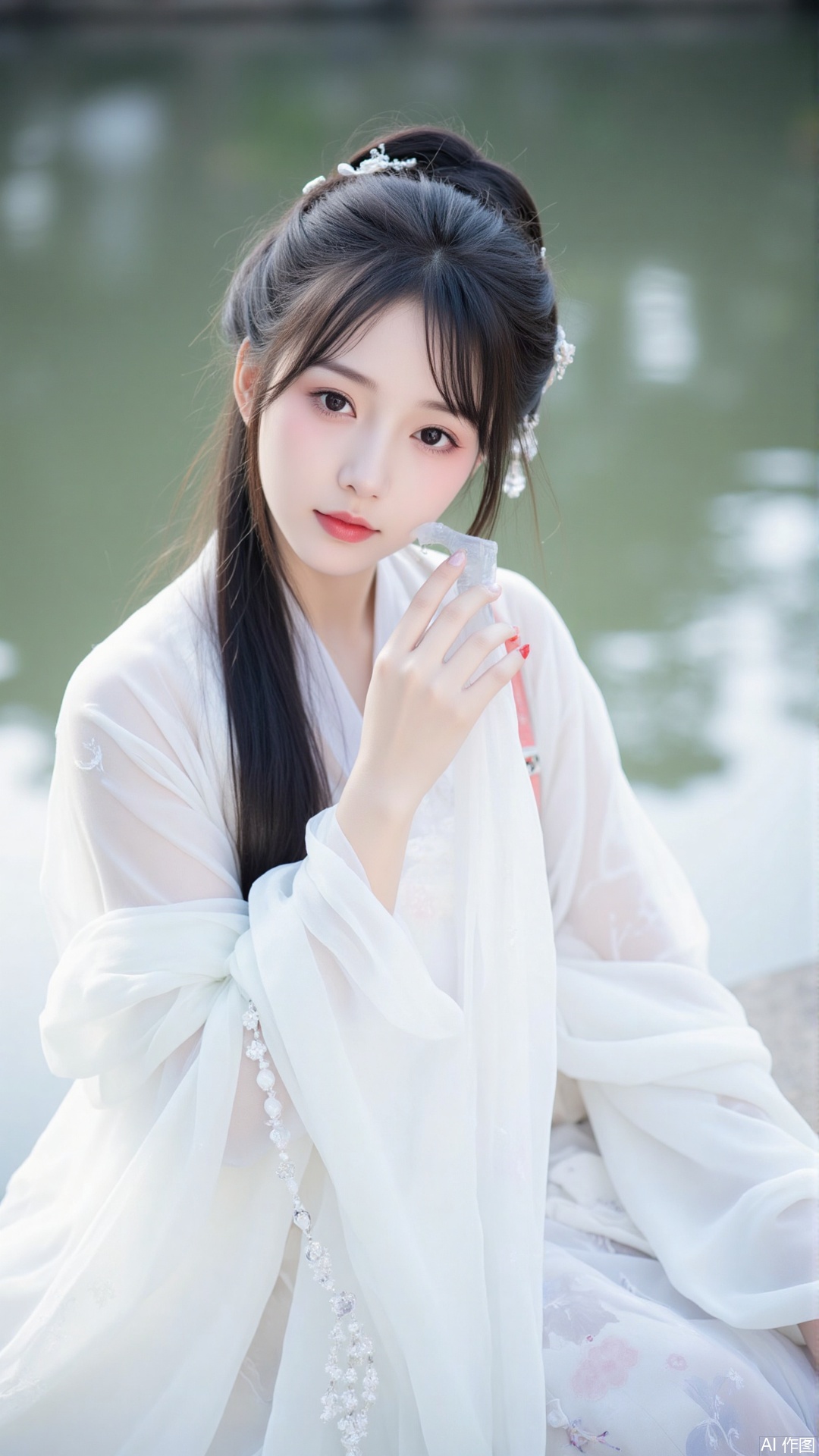 A girl with long black hair sitting by water, dressed in a white Hanfu, traditional Chinese attire, looking at the audience with a gentle expression. She wears long sleeves and plays a musical instrument, creating a serene and captivating scene. The background is blurred to focus attention on her graceful form and the tranquil waters. The lighting is soft, enhancing the delicate details of her clothing and the ethereal atmosphere.