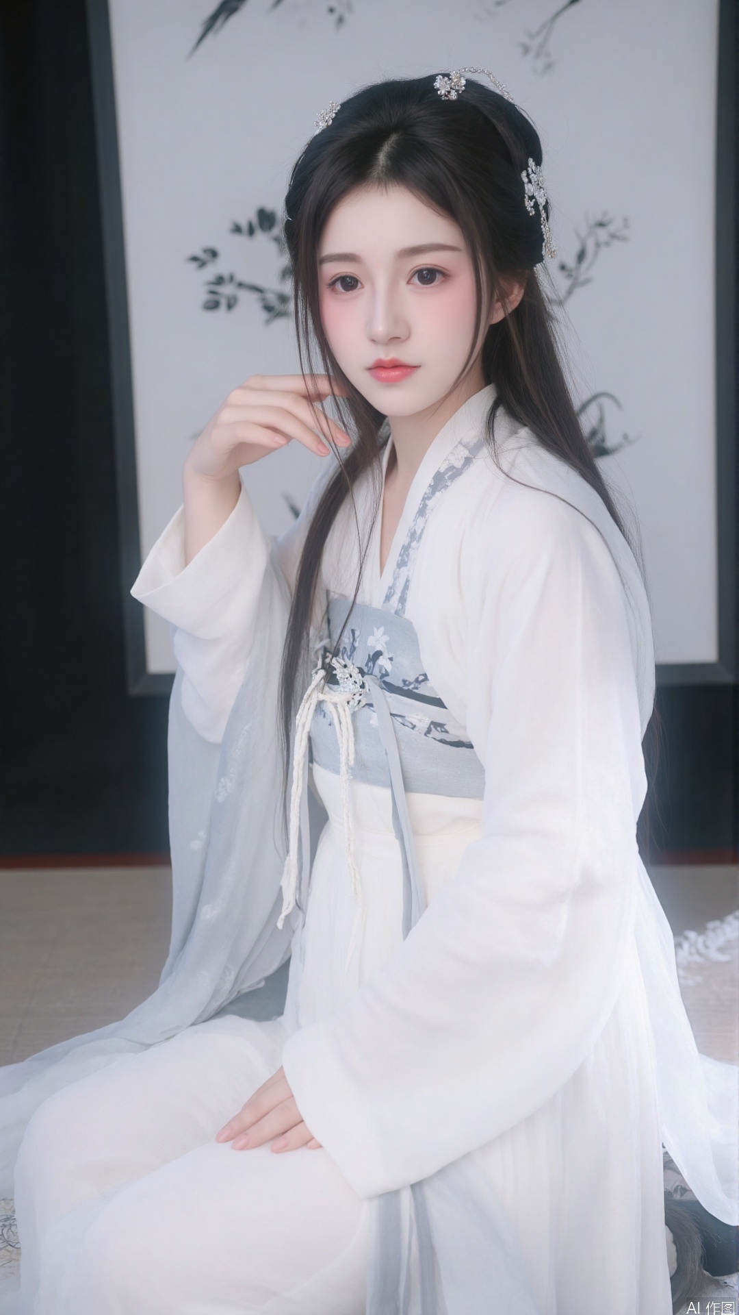 This is a high-resolution photograph featuring a young East Asian woman with fair skin and delicate features. She is dressed in traditional Chinese attire, specifically a white silk robe with intricate floral patterns in shades of gray and black. The robe is adorned with a high collar and long sleeves, which are slightly gathered at the wrists. Her hair is styled in an elaborate updo, with long, dark locks cascading down her back and adorned with small, delicate hairpins.

The background is a dark, muted palette, with a large, partially visible white paper screen featuring black silhouettes of birds and flowers, adding a sense of depth and elegance to the scene. The woman is seated on a cushioned surface, likely a traditional mat, which is covered with a white fabric adorned with subtle floral patterns. The overall atmosphere is serene and ethereal, with soft lighting that highlights her delicate features and the intricate details of her attire.

The photograph captures a moment of stillness and contemplation, with the woman gazing slightly to the side, exuding a sense calm and grace. The image is rich in texture and detail, with an artistic and poetic quality that evokes a sense both of tradition and modernity.