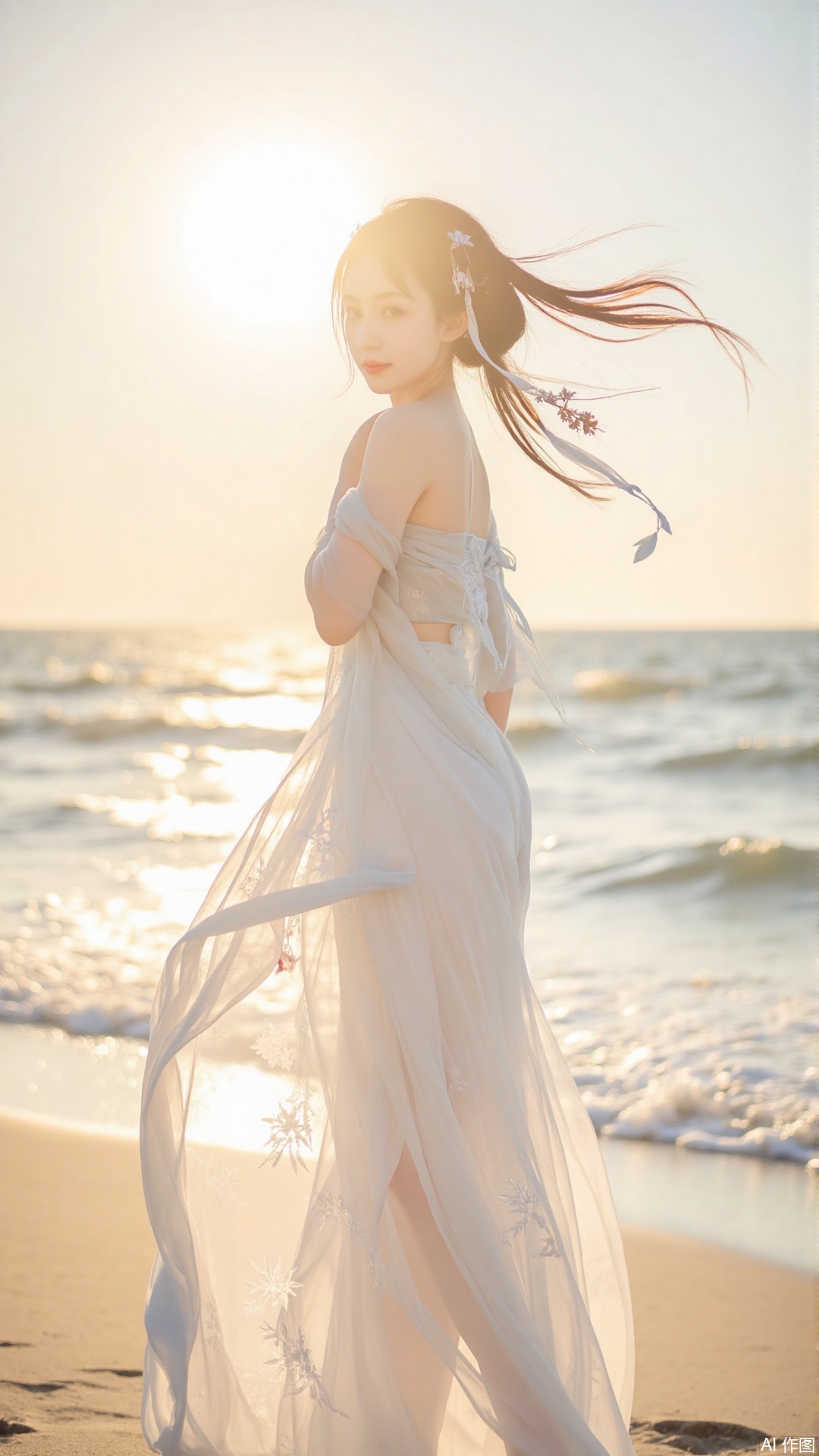 "The picture is set against the background of the morning beach. The golden sunlight shines on the sea surface, sparkling, and the waves gently slap the golden beach. The figure of Liu Shen stands gracefully on the coast. The breeze blows gently, her long hair is as flowing as silk, and the tips of her hair are dotted with a few blooming silver lotus, exuding a faint brilliance. She is wearing a simple and flowing white long skirt, and the hem of the skirt dances with the wind, as if a fairy is descending on the earth. Liu Shen's posture is elegant and calm, with a deep gaze, as if she has seen through time and space. There is a gentle smile on the corner of her mouth, which makes people feel awe Behind her is the beautiful scenery of the sea and the sky. On the distant sea level, a red sun slowly rises, adding a hint of sacredness and hope to the whole picture. The patterns on the gauze dress are like the patterns of natural laws, flowing with the wind, symbolizing her control over the world and everything. On the beach under her feet, a few silver willow leaves gently fall, as if she was her gentle whispering to this world. The overall color is mainly the golden color of the morning light and the blue color of the sea, warm and fresh, creating a peaceful and sacred atmosphere, perfectly showing the nobility and mystery of the willow god by the sea. "