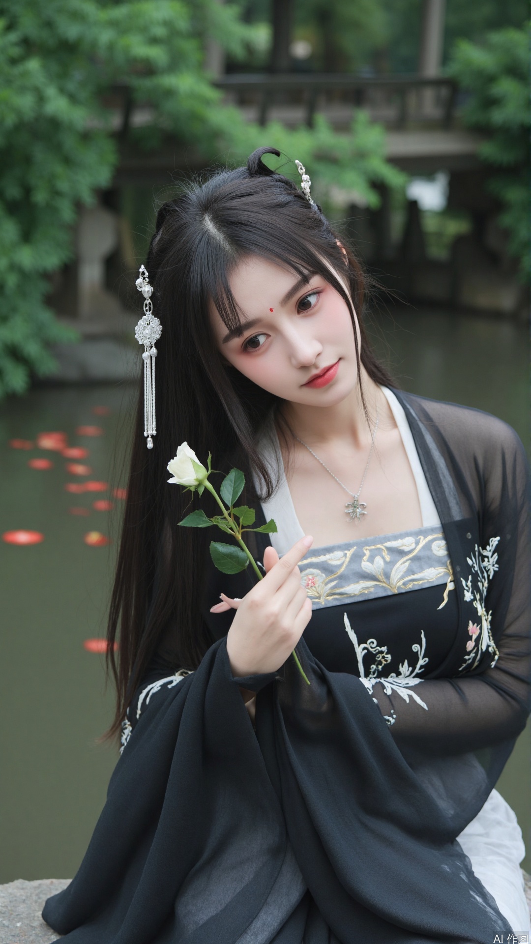 gfmn,mn,This is a high-resolution photograph featuring a young Asian woman seated on a stone bench beside a serene pond,surrounded by lush greenery and blooming red roses. She has fair skin and long,straight black hair adorned with a delicate,silver hairpiece. Her attire is an elegant,traditional Chinese dress in black silk with intricate embroidered floral patterns in white and gold. The dress features thin,sheer black fabric draped over her shoulders,adding a romantic,ethereal quality. She holds a single white rose in her left hand,which contrasts beautifully with her dark attire. Her makeup is subtle yet striking,with a focus on her large,expressive eyes and full lips. She wears a delicate necklace with a small,ornate pendant and matching earrings. The background includes a rustic wooden bridge over the pond,adding to the serene,picturesque setting. The overall mood is one of tranquility and timeless beauty,with the photograph capturing the essence of traditional Chinese culture and aesthetics.,