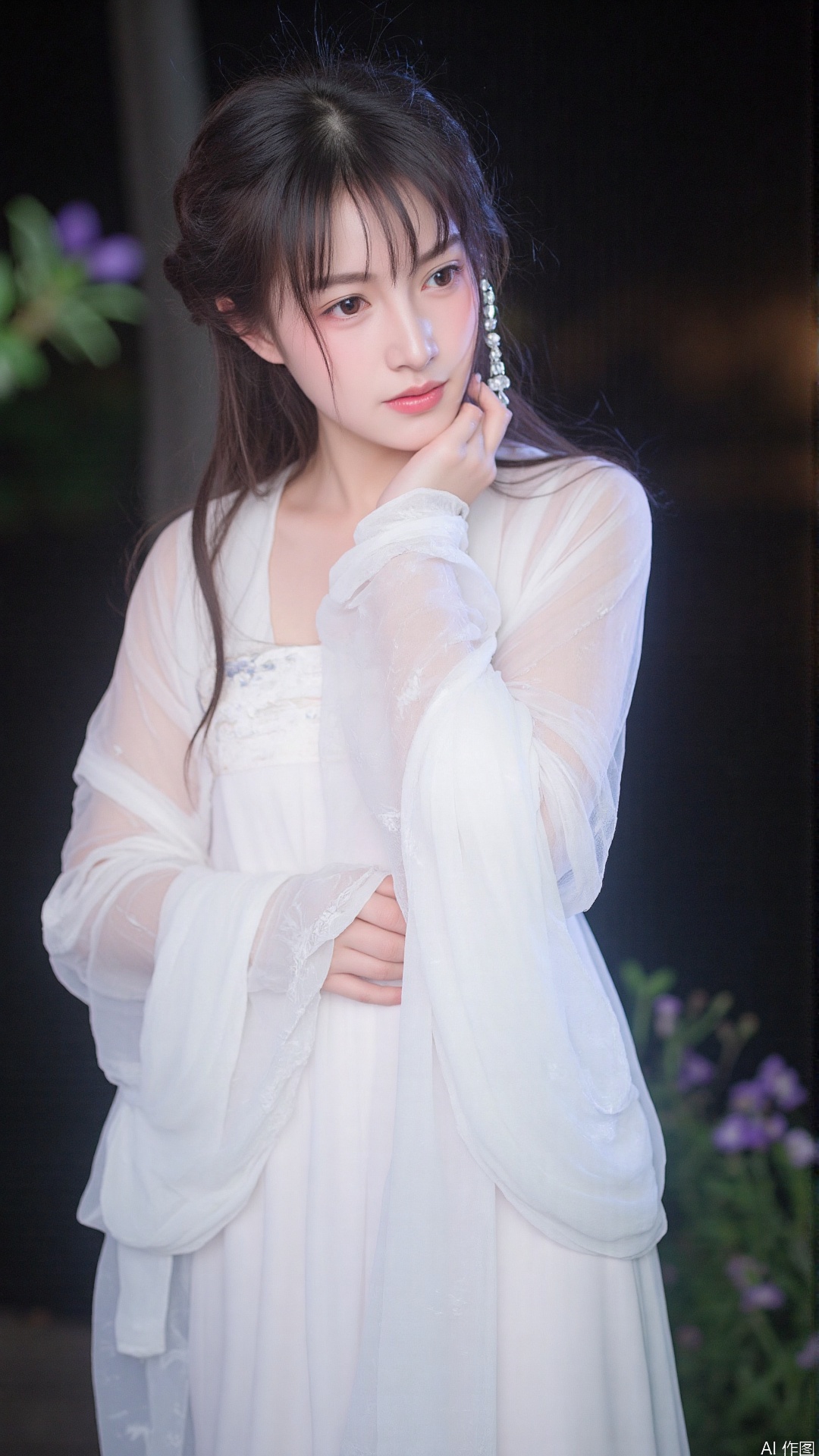 A photograph capturing a person in a white Hanfu with delicate floral patterns and a sheer,semi-transparent outer layer outdoors at night. The attire catches the soft light,creating a gentle,ethereal glow. The blurred background of flowers and grass,combined with the night atmosphere,enhances the dreamy and serene ambiance.(masterpiece),(best quality),(ultra-detailed),illustration,disheveled hair,detailed eyes,perfect composition,moist skin,intricate details,earrings,by wlop,cinematic photo . 35mm photograph,film,bokeh,professional,4k,highly detailed,photograph,50mm . cinematic 4k epic detailed 4k epic detailed photograph shot on kodak detailed cinematic hbo dark moody,35mm photo,grainy,vignette,vintage,Kodachrome,Lomography,stained,highly detailed,found footage,analog film photo . faded film,desaturated,35mm photo,grainy,vignette,vintage,Kodachrome,Lomography,stained,highly detailed,found footage,cinematic still . emotional,harmonious,vignette,highly detailed,high budget,bokeh,cinemascope,moody,epic,gorgeous,film grain,grainy,styled by John Galliano,a fashion model,full body,standing,pure background,fashion poster,vogue,photography by Helmut Newton,Retro Style,Fujifilm Provia 400x,strong sunlight,high contrast,film grain,best details,Deconstruction,.liangyi guang,