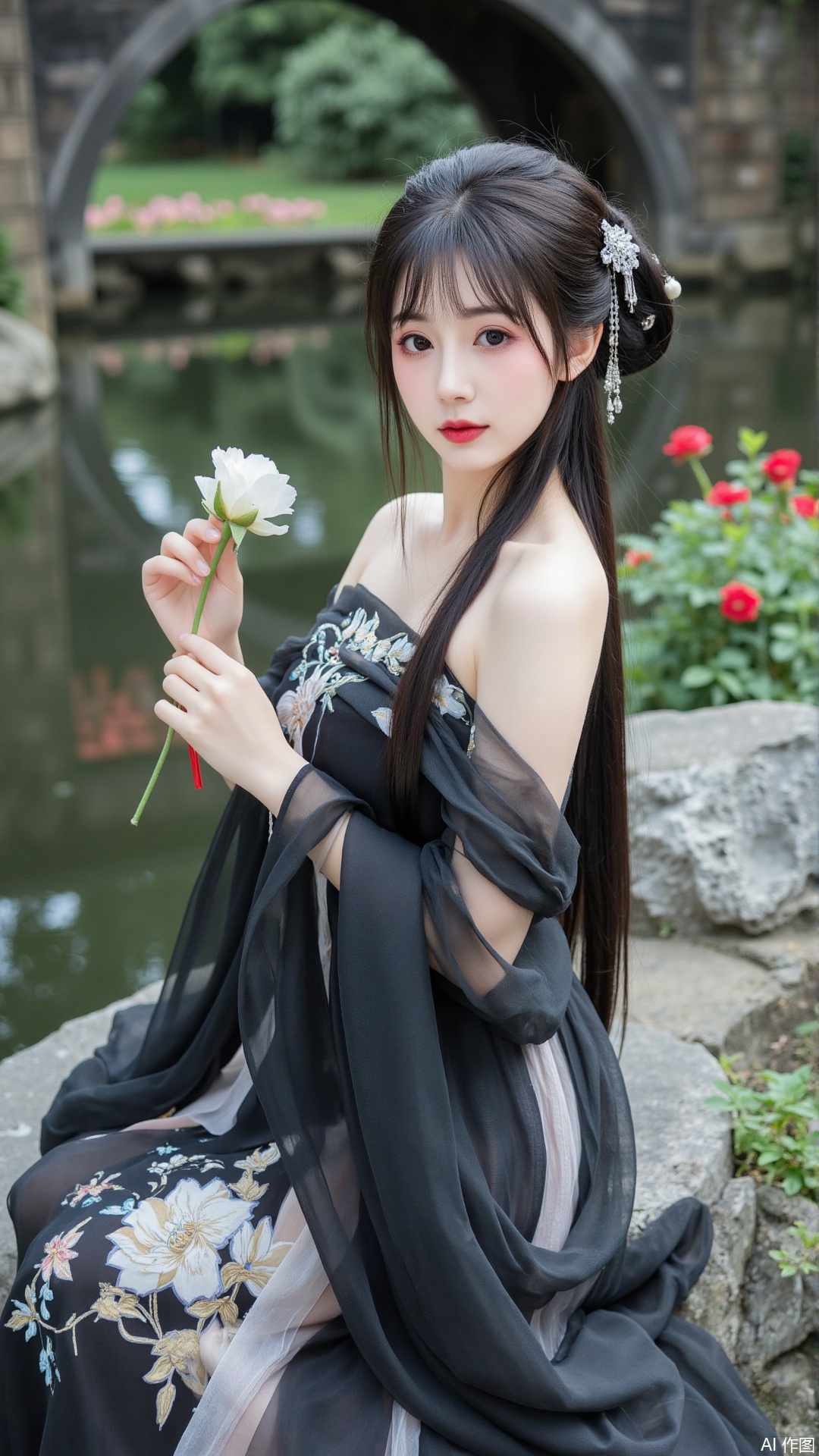 gfmn,mn,This is a high-resolution photograph featuring a young Asian woman seated on a stone bench beside a serene pond,surrounded by lush greenery and blooming red roses. She has fair skin and long,straight black hair adorned with a delicate,silver hairpiece. Her attire is an elegant,traditional Chinese dress in black silk with intricate embroidered floral patterns in white and gold. The dress features thin,sheer black fabric draped over her shoulders,adding a romantic,ethereal quality. She holds a single white rose in her left hand,which contrasts beautifully with her dark attire. Her makeup is subtle yet striking,with a focus on her large,expressive eyes and full lips. She wears a delicate necklace with a small,ornate pendant and matching earrings. The background includes a rustic wooden bridge over the pond,adding to the serene,picturesque setting. The overall mood is one of tranquility and timeless beauty,with the photograph capturing the essence of traditional Chinese culture and aesthetics.,