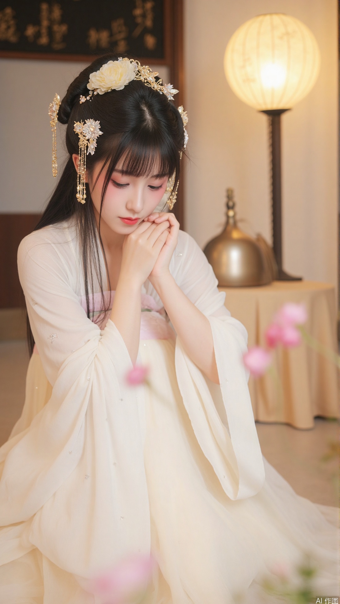 This is a highly detailed,high-resolution photograph featuring a young Asian woman with fair skin and delicate features,seated in a contemplative pose. She has long,straight black hair adorned with intricate,golden hair accessories that include a large peony flower and delicate,dangling ornaments. Her makeup is subtle,with a soft pink blush and a natural lip color. She is dressed in a traditional,flowing white robe with translucent,sheer layers that shimmer with a subtle sparkle. Her robe is adorned with small,sparkling details that add to its ethereal quality.,
She is surrounded by a serene,indoor setting that includes a soft,warm light that bathes her in a golden glow. The background features traditional Asian elements,including a wooden screen with calligraphy and a golden vessel,adding to the traditional ambiance. There are also pink and white flowers in the foreground,enhancing the peaceful and elegant atmosphere. The overall color palette is dominated by soft whites,pastels,and gold,creating a harmonious and tranquil scene. The image captures a moment of quiet reflection,emphasizing the beauty and grace of the subject and her surroundings.,