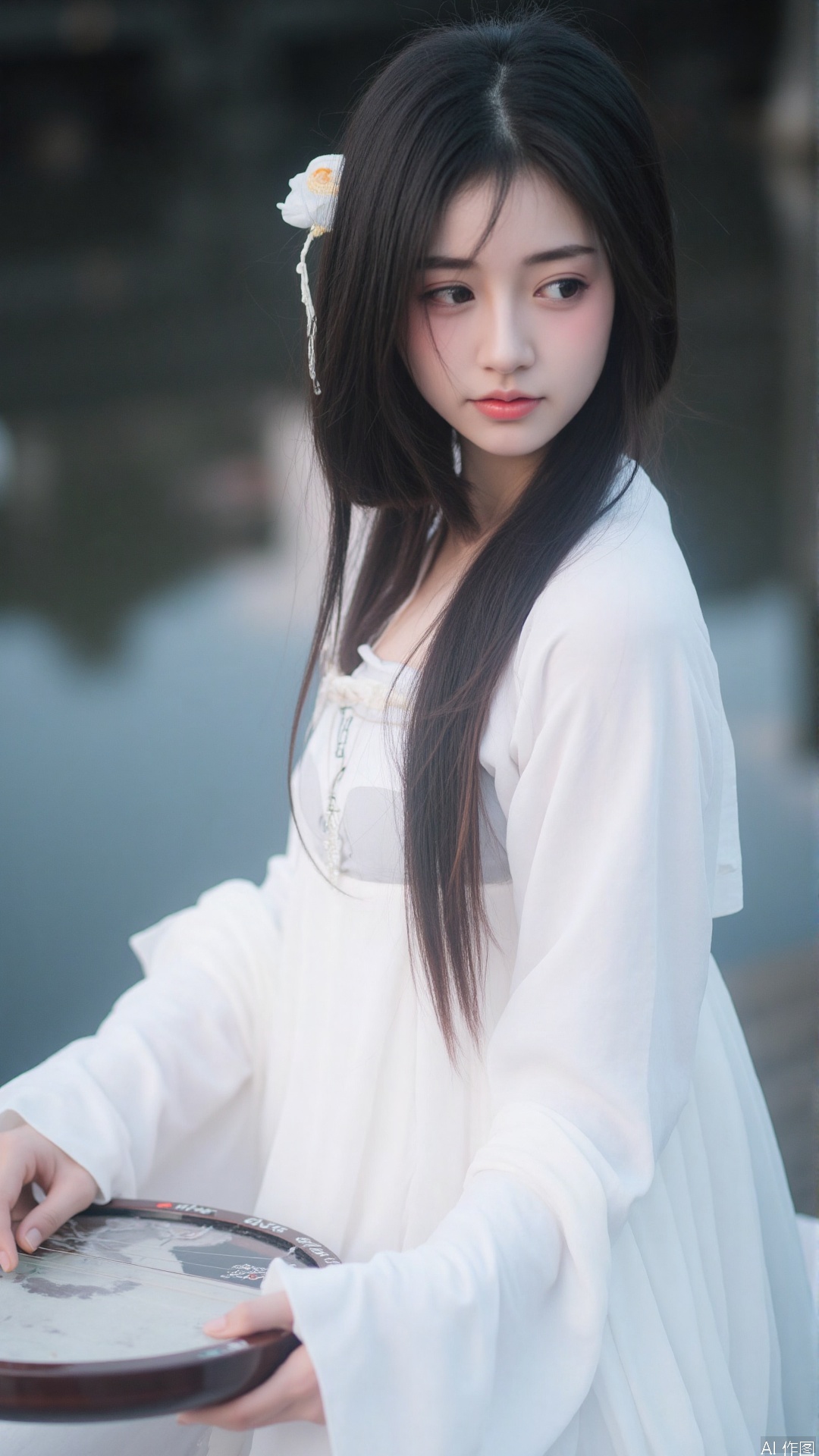 A girl with long black hair sitting by water, dressed in a white Hanfu, traditional Chinese attire, looking at the audience with a gentle expression. She wears long sleeves and plays a musical instrument, creating a serene and captivating scene. The background is blurred to focus attention on her graceful form and the tranquil waters. The lighting is soft, enhancing the delicate details of her clothing and the ethereal atmosphere.