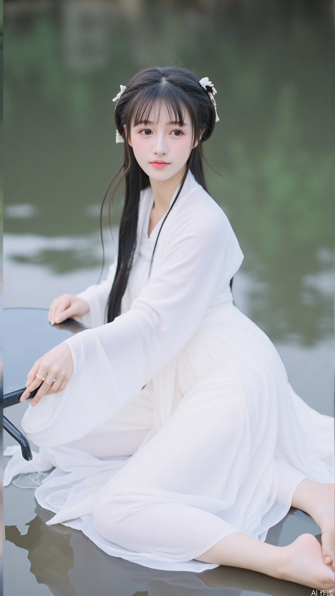 A girl with long black hair sitting by water, dressed in a white Hanfu, traditional Chinese attire, looking at the audience with a gentle expression. She wears long sleeves and plays a musical instrument, creating a serene and captivating scene. The background is blurred to focus attention on her graceful form and the tranquil waters. The lighting is soft, enhancing the delicate details of her clothing and the ethereal atmosphere.