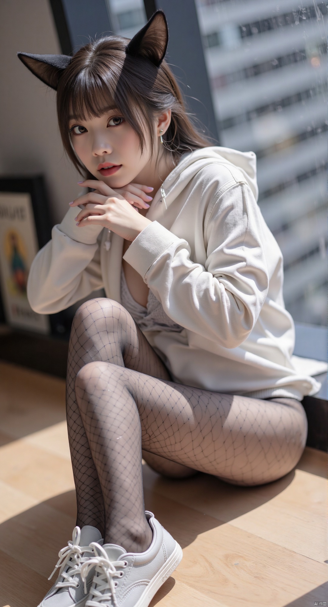 1girl
solo
long hair
looking at viewer
bangs
shirt
black hair
long sleeves
animal ears
sitting
full body
white shirt lift
Bra, underwear

indoors
cat ears
blunt bangs
animal ear fluff
on the floor
black silk stockings/sockssilk stockings/fishnet stockings
bound
breast
LED luminous
shoes
Sneakers 
spread legs
hood
squatting
face
Enjoy face
