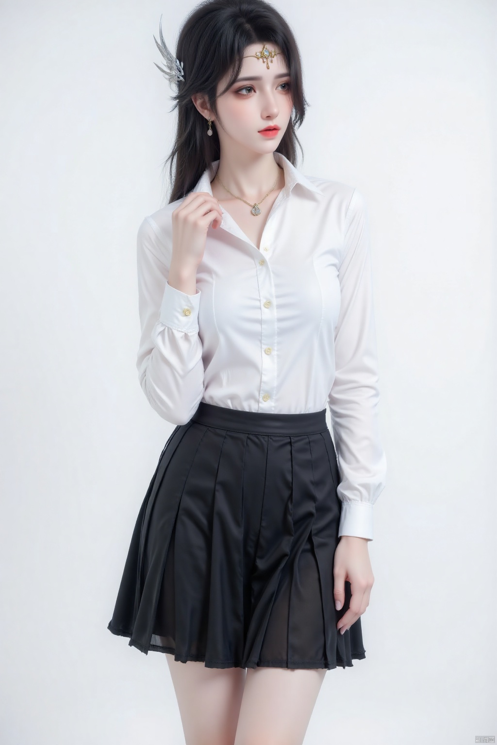 1 girl
solo
Long hair
Watching the audience
Short skirt
Simple Background
shirt
Black hair
Hair accessories
White background
Navel
Bare shoulders
Jewellery
Moderate chest
Keep your mouth shut
clavicle
white shirt
Pleated skirt
Earrings
abdomen
Black high heels
Black dress
Necklace
vest