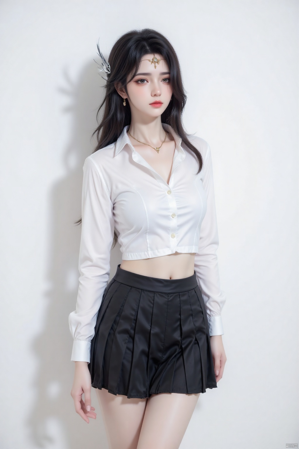 1 girl
solo
Long hair
Watching the audience
Short skirt
Simple Background
shirt
Black hair
Hair accessories
White background
Navel
Bare shoulders
Jewellery
Moderate chest
Keep your mouth shut
clavicle
white shirt
Pleated skirt
Earrings
abdomen
Black high heels
Black dress
Necklace
vest