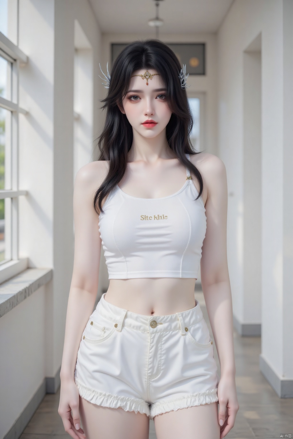 1 girl
solo
Long hair
Watching the audience
shirt
Black hair
Hair accessories
Navel
Brown eyes
Keep your mouth shut
stand
White vest
shorts
abdomen
within four walls
Red lips
shorts
White shorts
window shades
Tall guy
Big chest