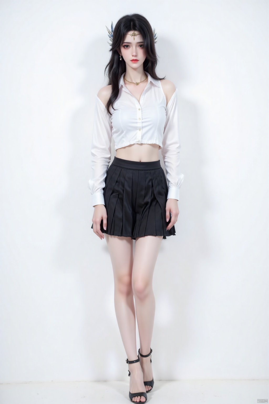 1 girl
solo
Long hair
Watching the audience
Short skirt
Simple Background
shirt
Black hair
Hair accessories
White background
Navel
Bare shoulders
Jewellery
Moderate chest
Keep your mouth shut
clavicle
white shirt
Pleated skirt
Earrings
abdomen
Black high heels
Black dress
Necklace
vest