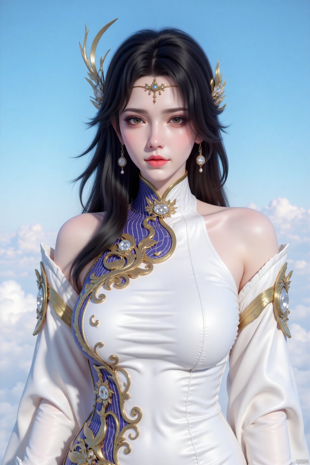 1girl
solo
long hair
breasts
looking at viewer
black hair
hair ornament
dress
bare shoulders
jewelry
earrings
sky
cloud
white dress
blue sky,baisuxy